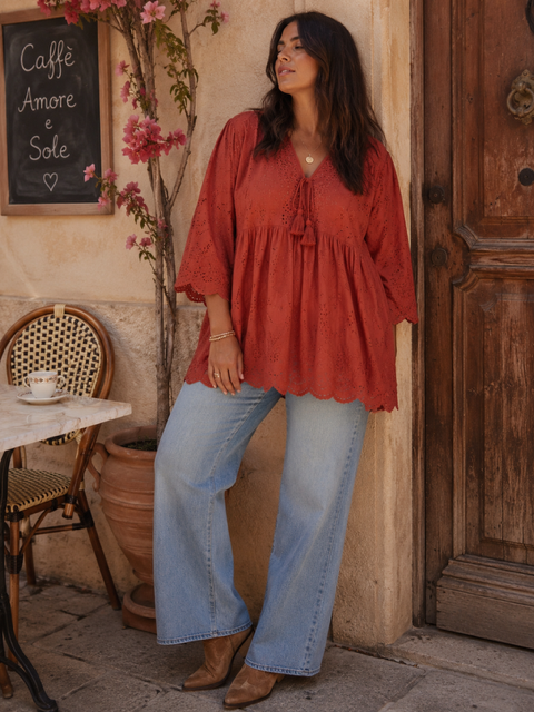 ROBE TUNIQUE DENTELLE BRODERIE ANGLAISE TERRACOTTA