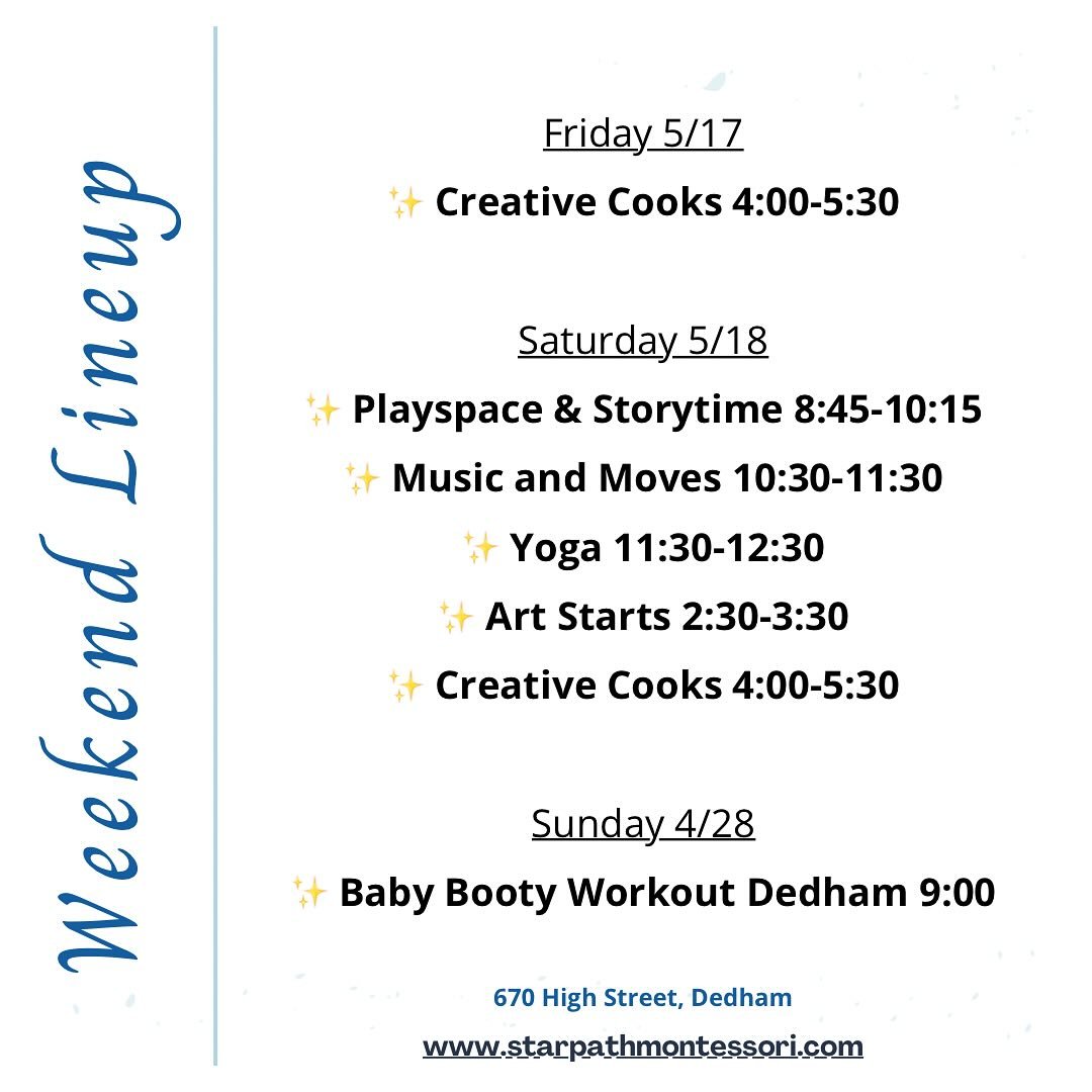 It&rsquo;s almost the weekend 😅 Got plans? 

Come in this Friday or Saturday for our Creative Experiences for kiddos 6 and under ✨

✨Friday: 
4:00 - Cooking *ages 18mo to 6yrs

✨Saturday: 
8:45 - Playspace and Storytime *ages 6mo. to 6 yrs
10:30 - M