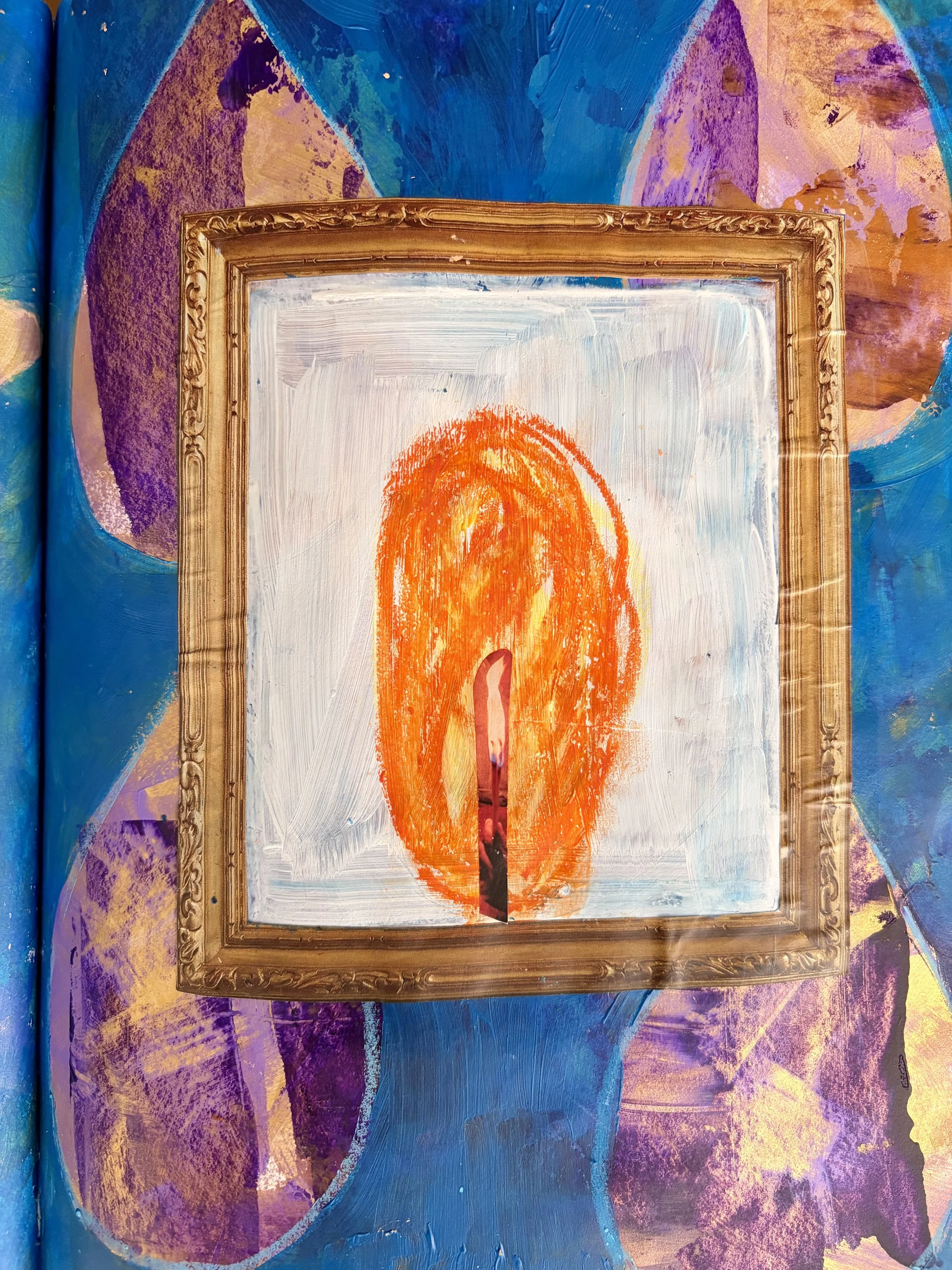 Mixed media art by art therapist for teens in Denver, Leanne Morton, of a glowing flame inside a framed border.