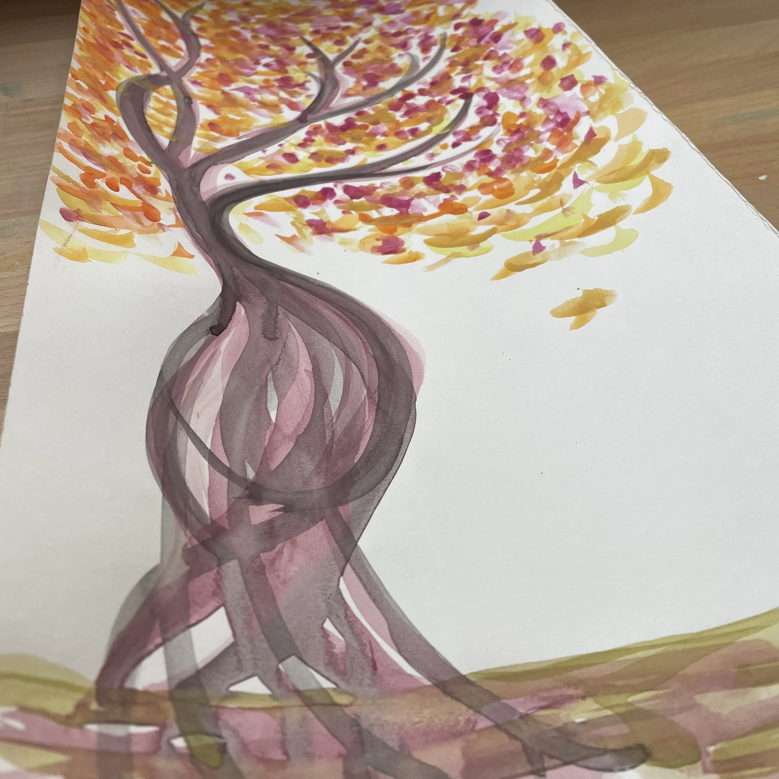 Original watercolor painting of a "pregnancy tree" by Leanne Morton, perinatal art therapist at Wild Sunflower Wellness in Denver.