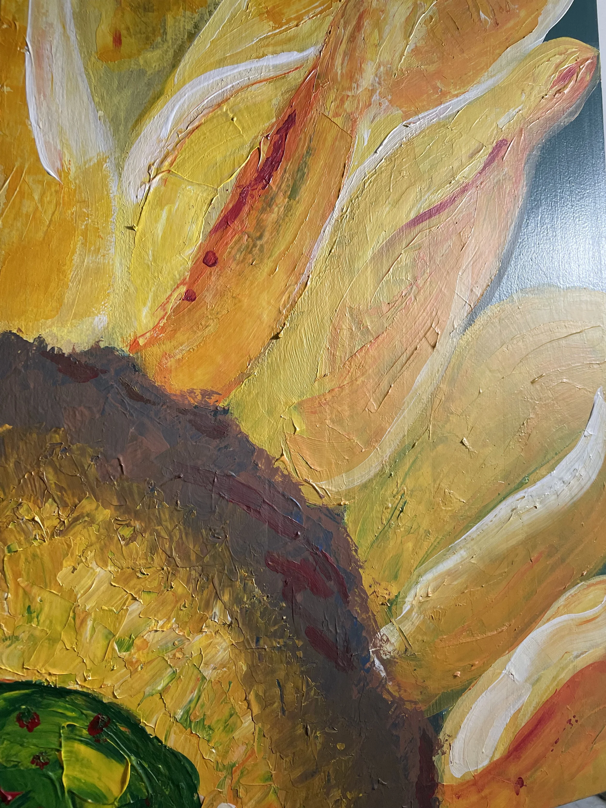 Close up image of a sunflower painting, created by art therapist, Leanne Morton.