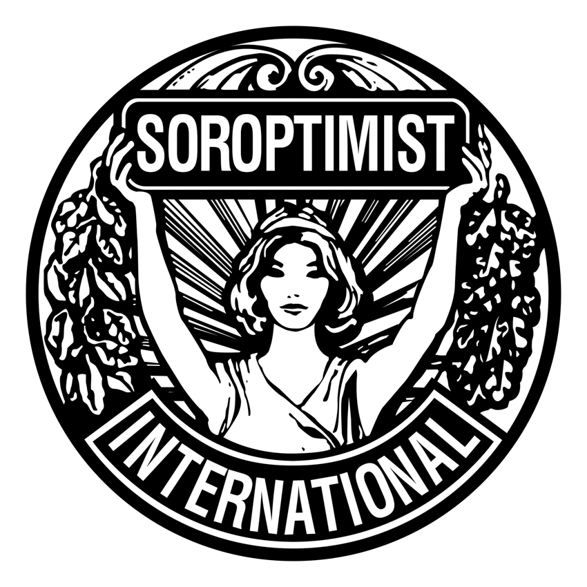 Une illustration en noir et blanc d'une femme tenant une bannière avec le mot 'SOROPHILMIST' et le mot 'INTERNATIONAL' en dessous, entourée de motifs décoratifs.