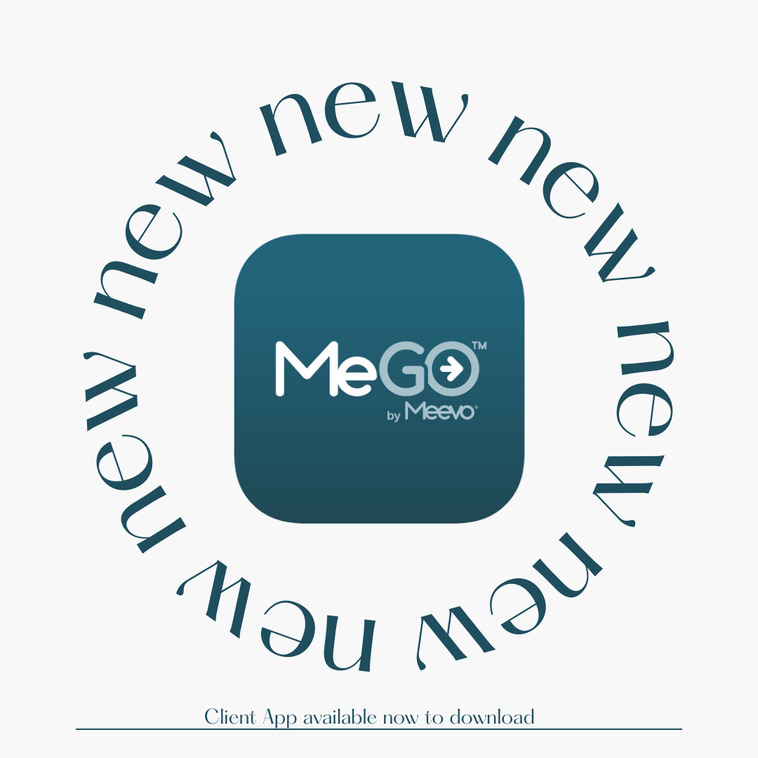 MeGo by Meevo logo with the word 'new' repeated in a circular pattern around it, and text below stating 'Client App available now to download.'