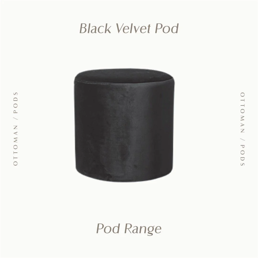 The options are endless when playing around with Pod Ottomans. 
The Black Velvet Pod pairs with so many other furniture pieces and is a cute addition to any backdrop. Swipe to find our Pods paired with the Curved Poppy Ottoman's and big round Ottoman