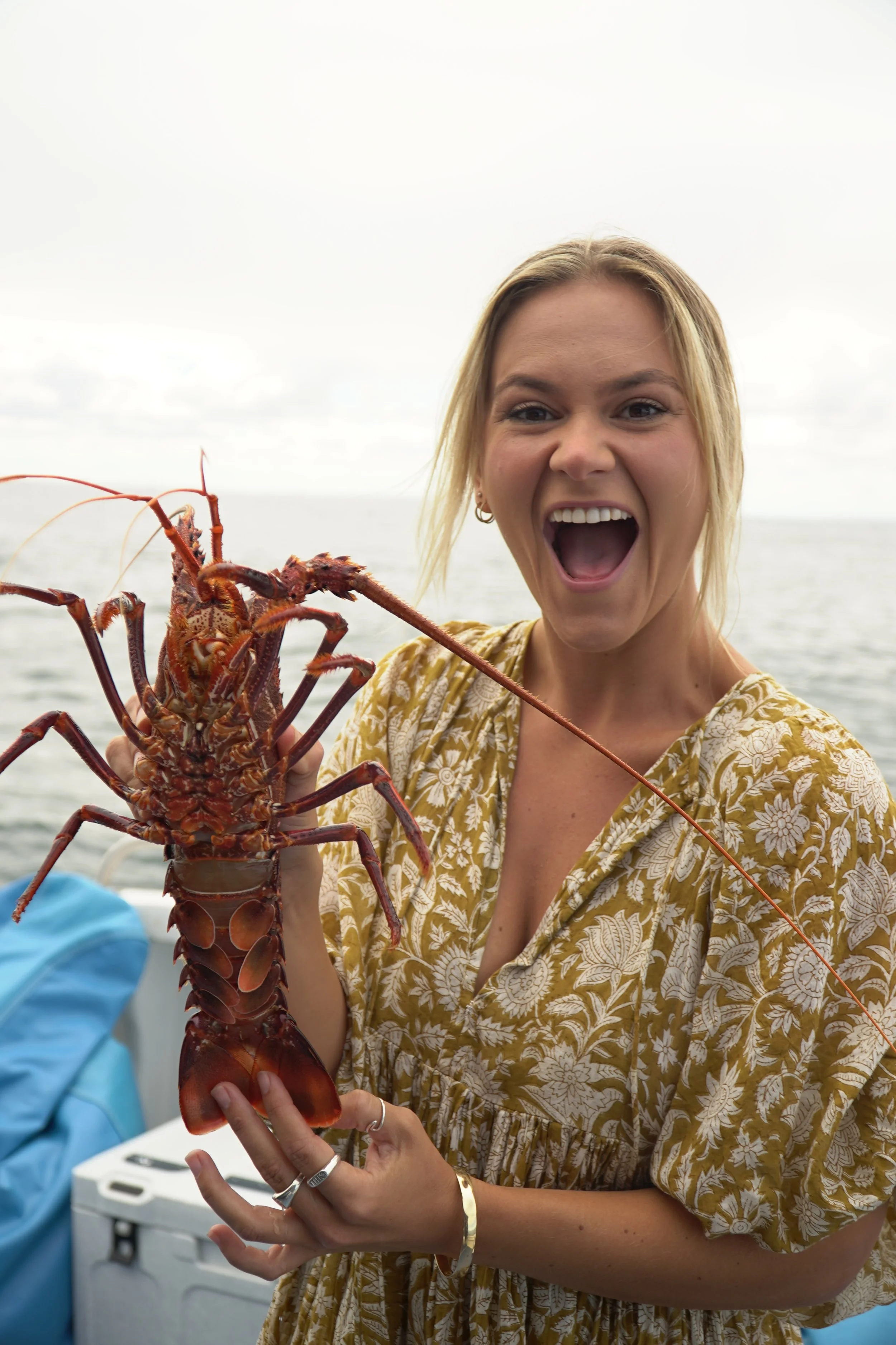 Guest holding a freshly caught Western Rock Lobster during a lobster catch and keep experience in Jurien Bay, Western Australia.
