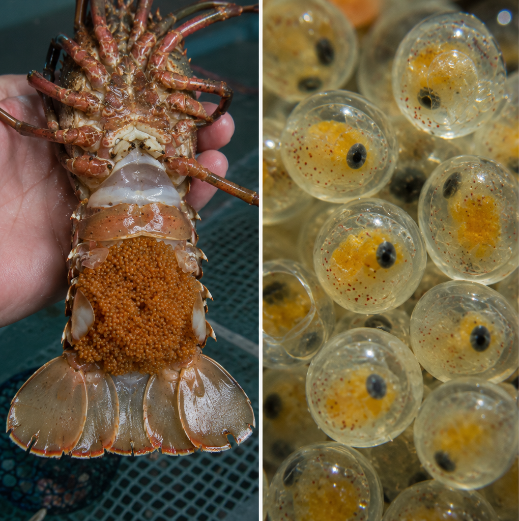 Female Western Rock Lobster carrying eggs beneath her tail alongside a close-up of developing lobster eggs.