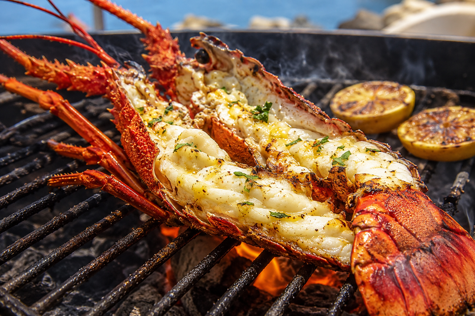 Fresh Western Rock Lobster cooking on a barbecue with herb butter and lemon.