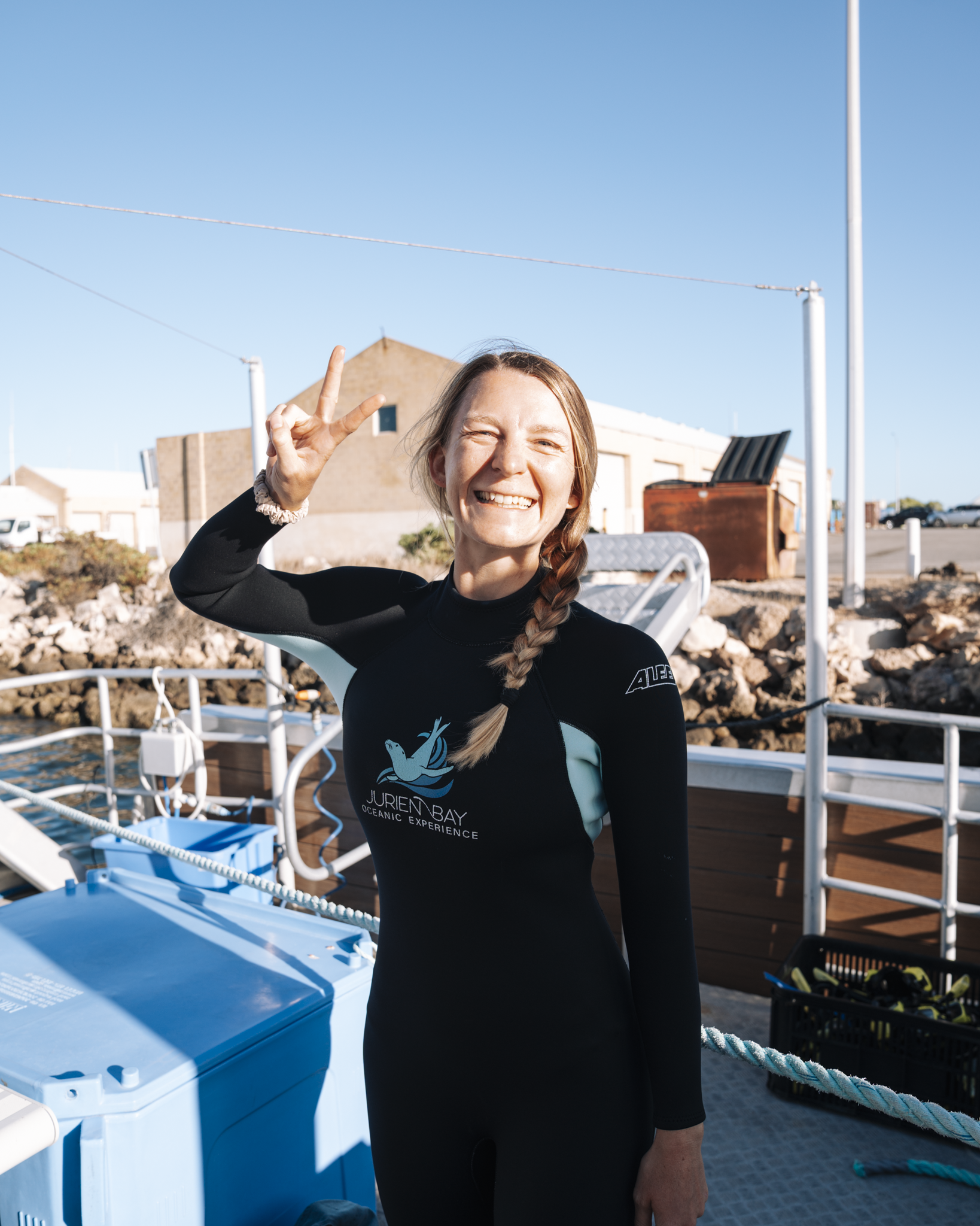 Guest preparing for an Australian sea lion tour with Jurien Bay Oceanic Experience in Jurien Bay, Western Australia