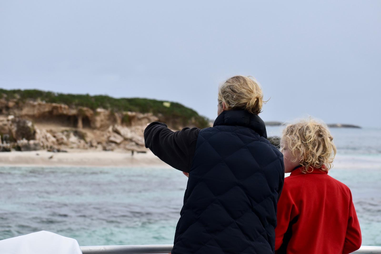 Adult and child watching Australian sea lions at Essex Rocks during a Jurien Bay boat tour.