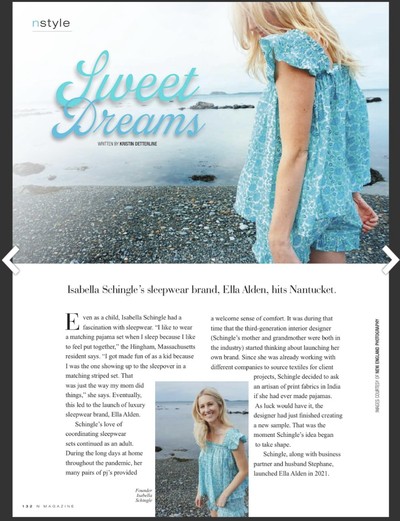 Magazine page featuring a girl in a blue sleepwear set on the beach, with the headline 'Sweet Dreams,' and an article about Isabella Schingle's sleepwear brand Ella Alden.