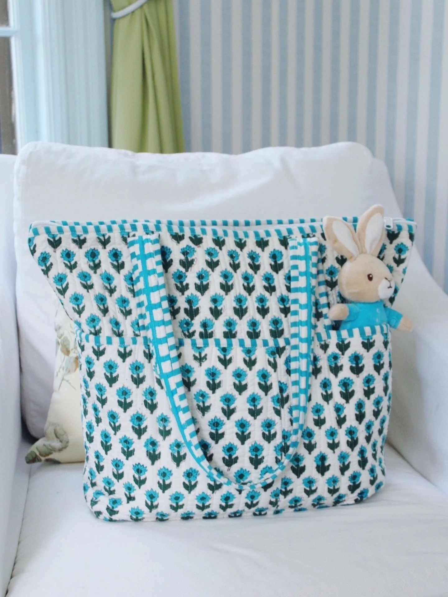 Freshly added to the shop 🌸 This block print diaper bag makes mom life chic!