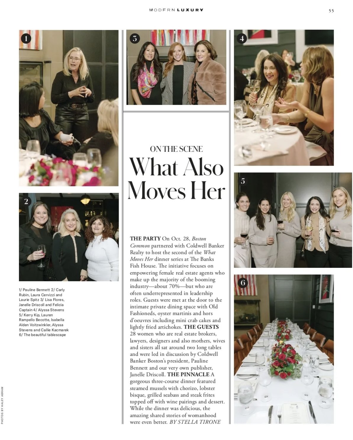 Collage of photos from a dinner event. Photo 1 shows a woman speaking to a seated group. Photo 2 features three women smiling with glasses of wine. Photo 3 depicts three women posing together. Photo 4 captures two women enjoying drinks and conversati