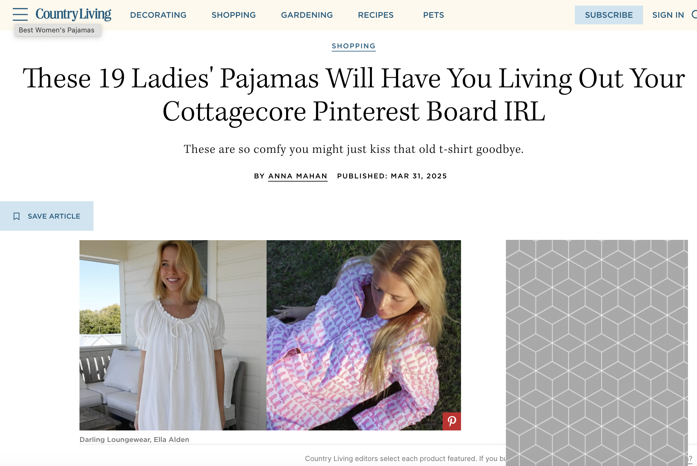 Images of two women wearing pajama tops. The woman on the left has blonde hair and is smiling, standing indoors near a window. The woman on the right has blonde hair, lying outdoors on grass, wearing a pink and white patterned pajama top.