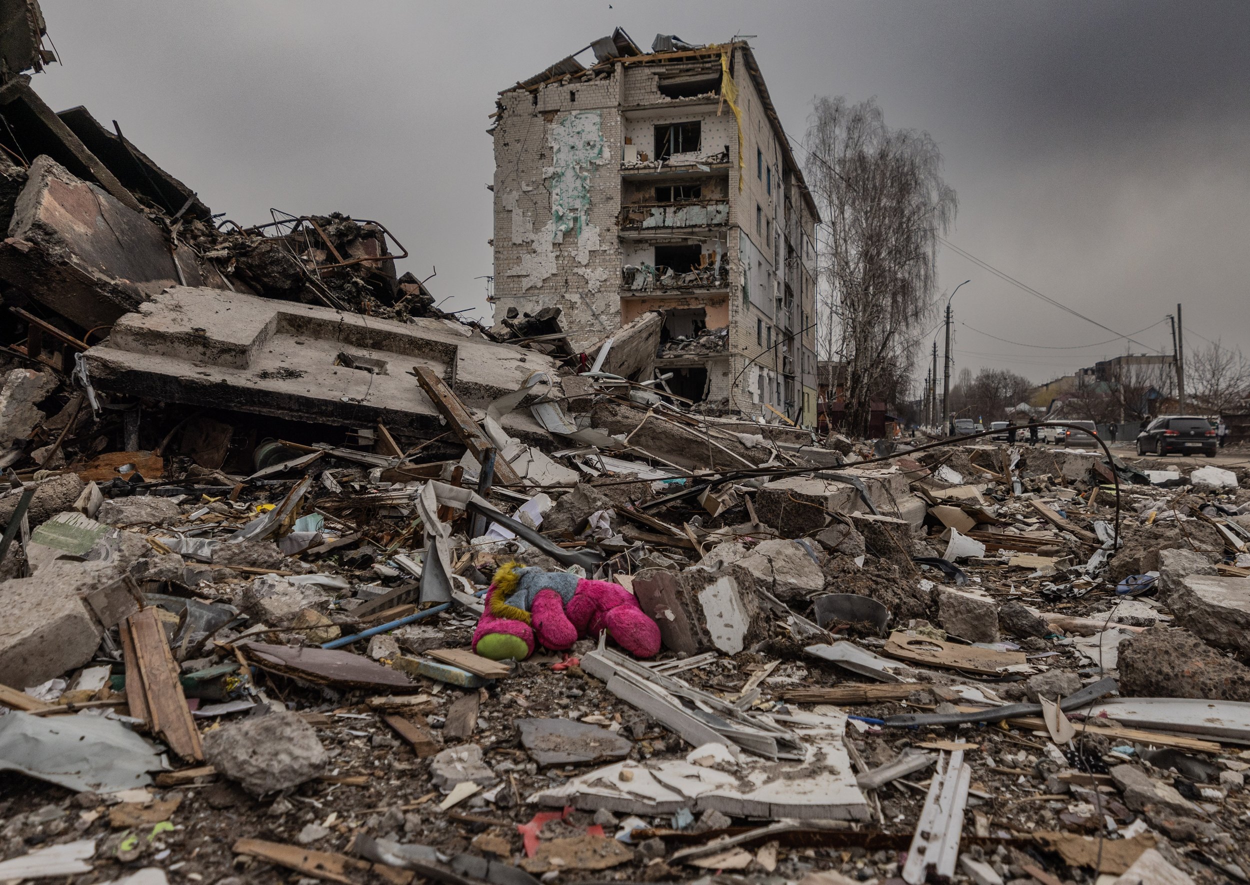  A child’s toy sits in the ruins of Bordoyonka- a destroyed city outside Kyiv, Ukraine’s capital.   