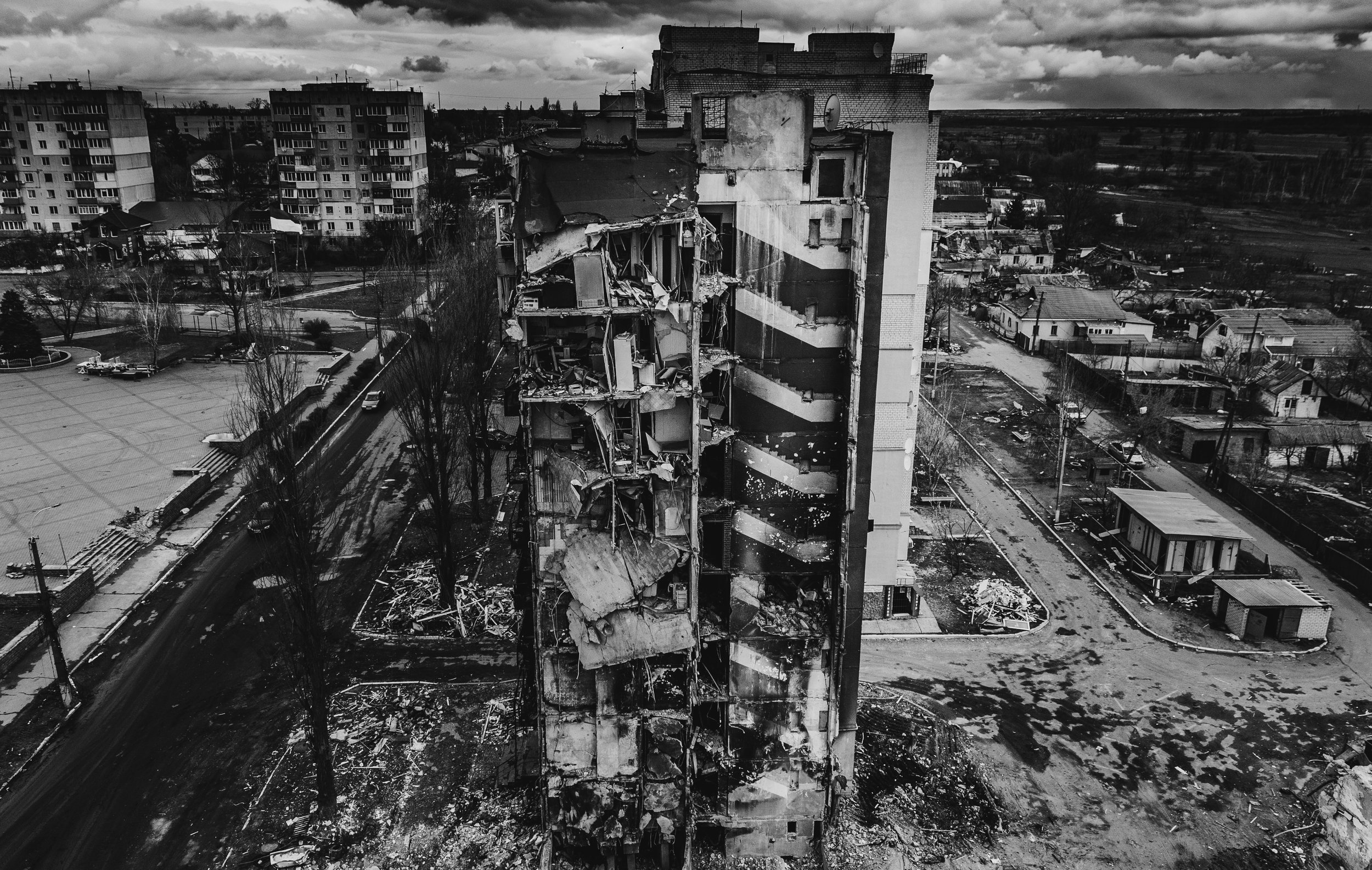  Damage seen from a rooftop in Borodyanka, Ukraine following the occupation. 