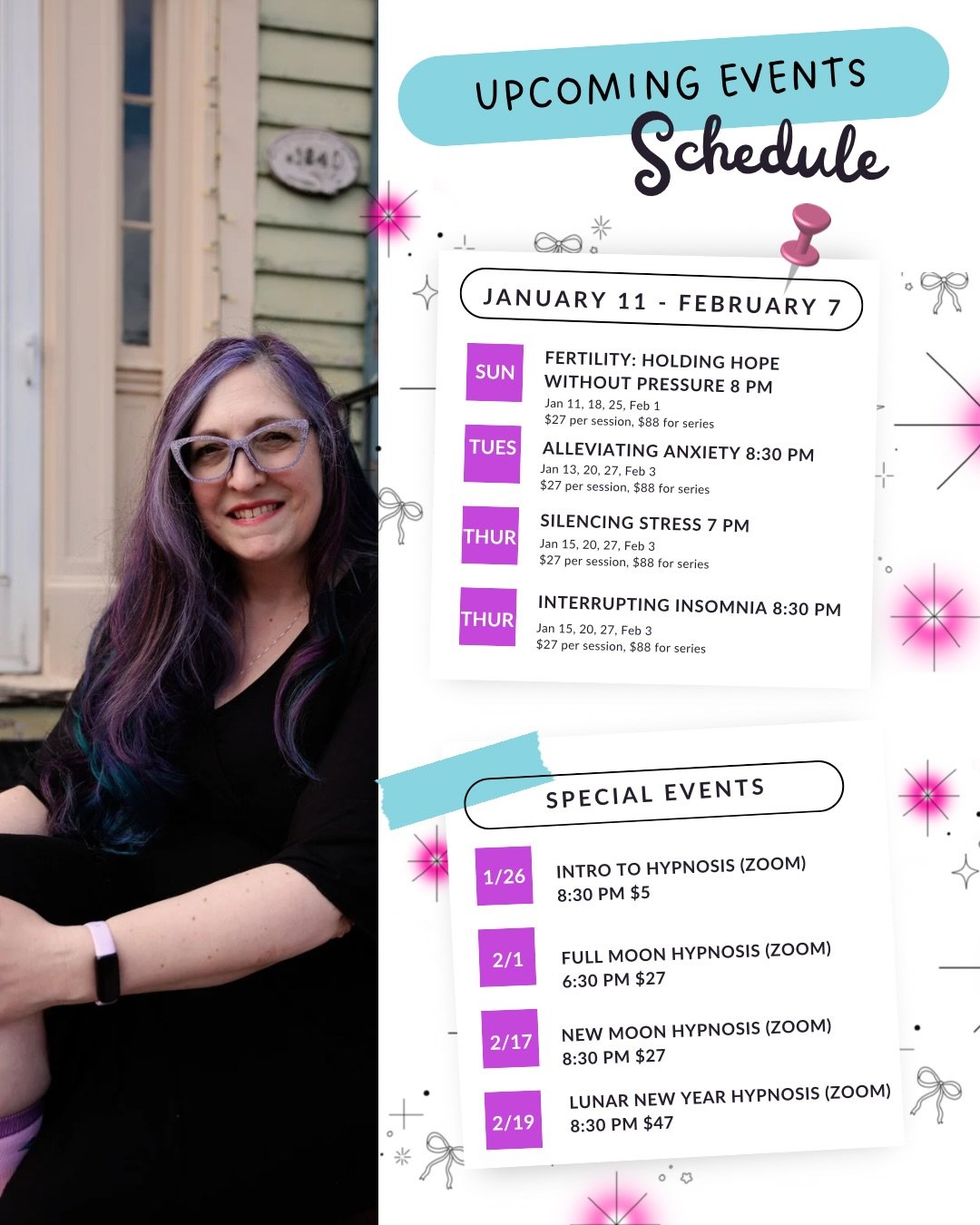 A little bit of everything update!

Upcoming Hypnosis classes are on the schedule INCLUDING special events. 

Winter series include:
Fertility
Anxiety
Stress
Insomnia 

As well as special events including 
Full/ new moon
Lunar New Year
And an intro t