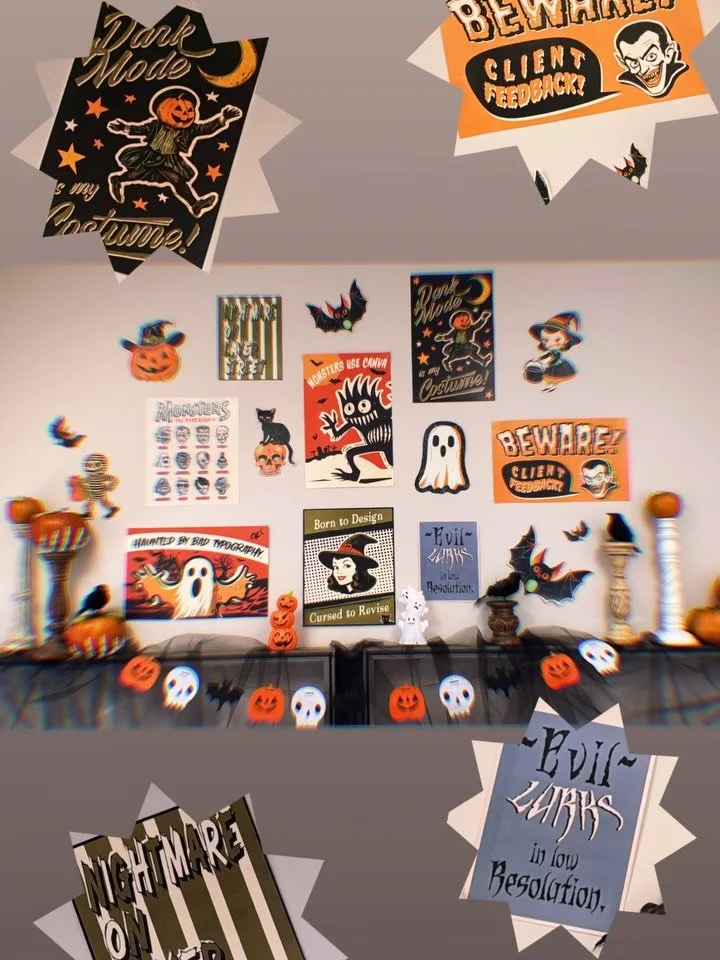 Bored at work, so I convinced a coworker to help me whip up some spooky decorations for our art department. 👻 It was a fun little project &amp; now we have our own custom Halloween decor!!🎃✨ #artdepartment #graphicdesigners #customhalloween #design