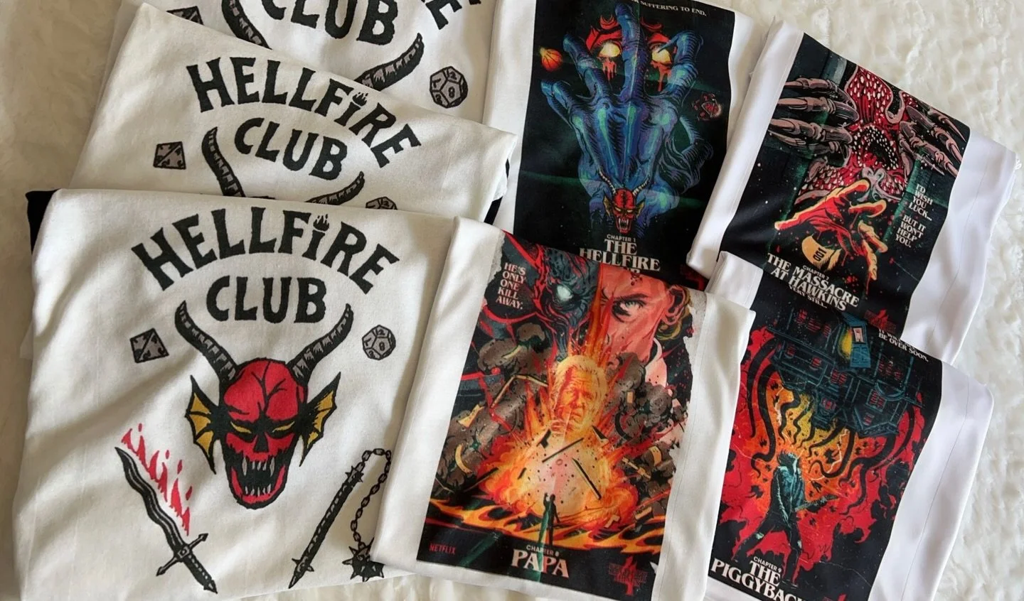 Since tonight is the final episode of #StrangerThings here&rsquo;s a throwback to the shirts I was asked to make in 2022!! I&rsquo;m excited/nervous for tonight. Worried I&rsquo;m going to be left in shambles. Are you watching??🎸🤘🏽🦇🖤