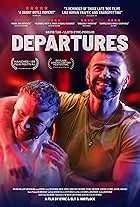 Film poster titled 'Departures' featuring two smiling characters, one light-skinned woman with short curly hair and a dark-skinned man with a beard, in vibrant colors
