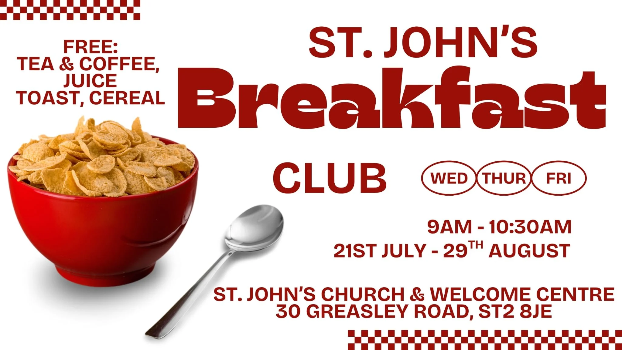Start your day right with Breakfast Club at St. John's Church &amp; Welcome Centre Every Wednesday, Thursday, and Friday from 9:00 to 10:30, join us for a warm, welcoming community breakfast. 

Enjoy a complimentary selection of cereal, toast, juice,