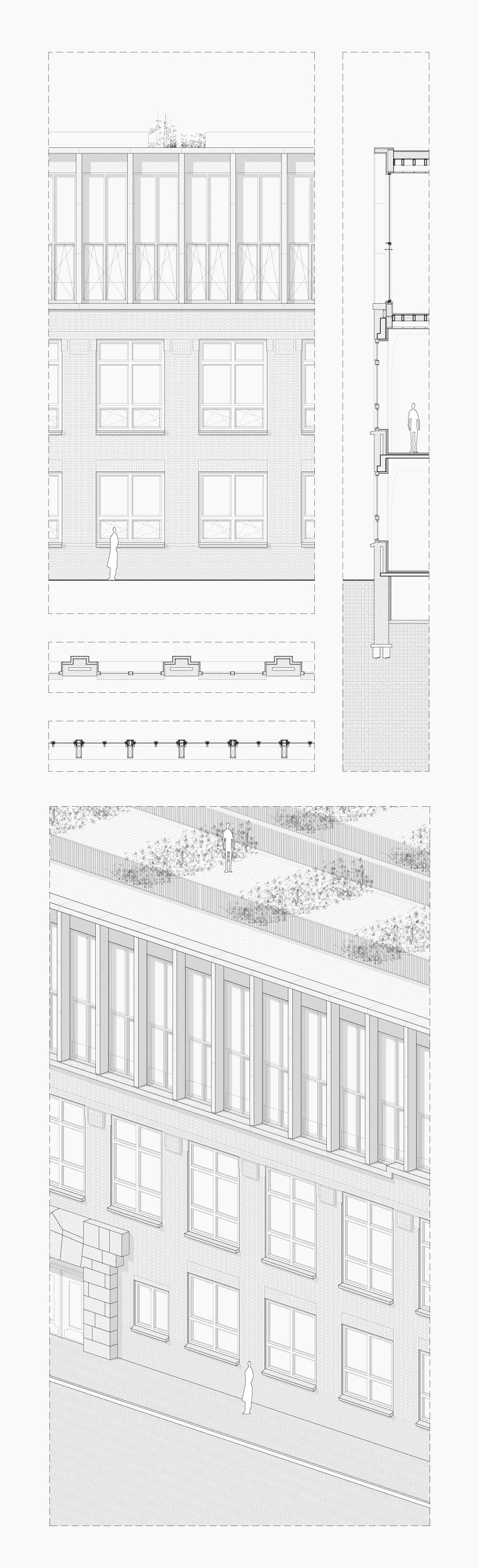 plattegronden en doorsneden,   de Telefoondienst, Kamerlingh Onneslaan, Amsterdam, ontwerp Ronald Janssen Architecten