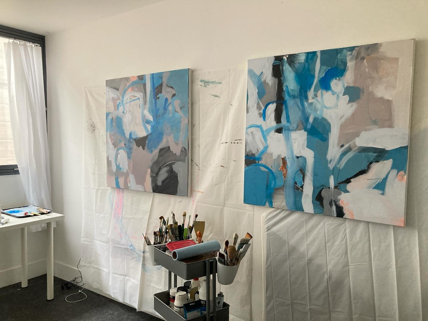 First layers on two 90cm x 90cm canvases&hellip; in my new studio. Wonderful to work at this scale and be able to stand back. 

It&rsquo;s all play at this stage.
