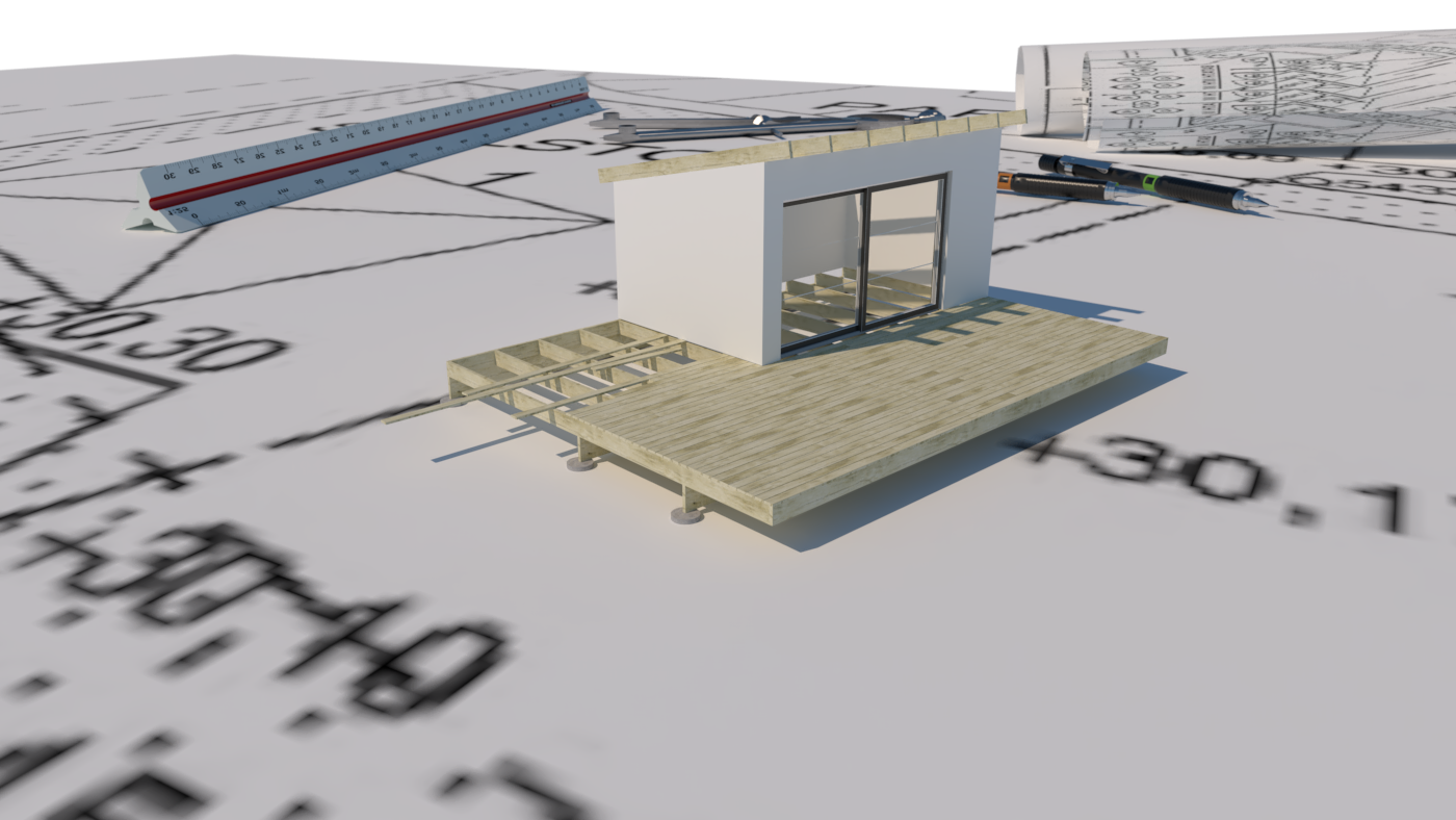 En 3D-modell av ett hus på en ritning, med byggmaterial och verktyg.