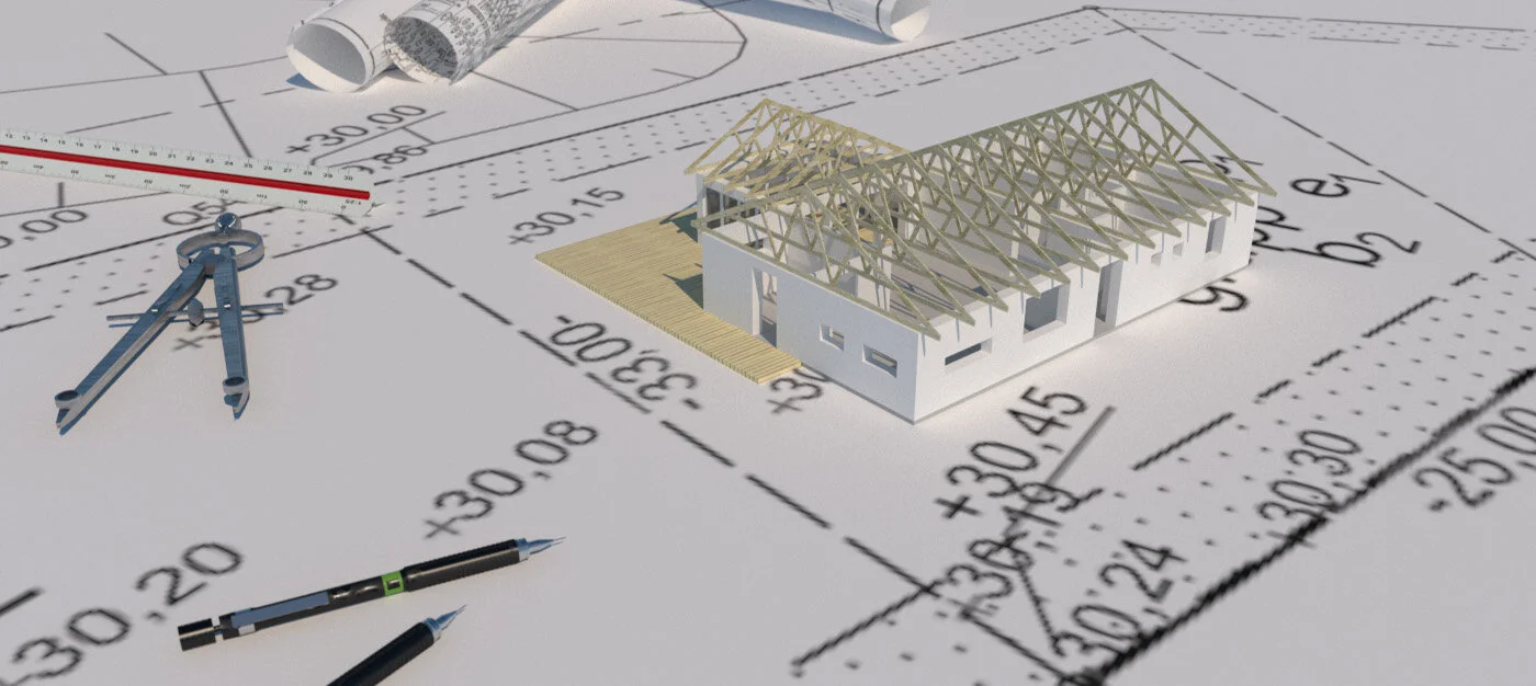 En byggnadsplan eller ritning med en modell av ett hus i trä, samt en kompass och pennor