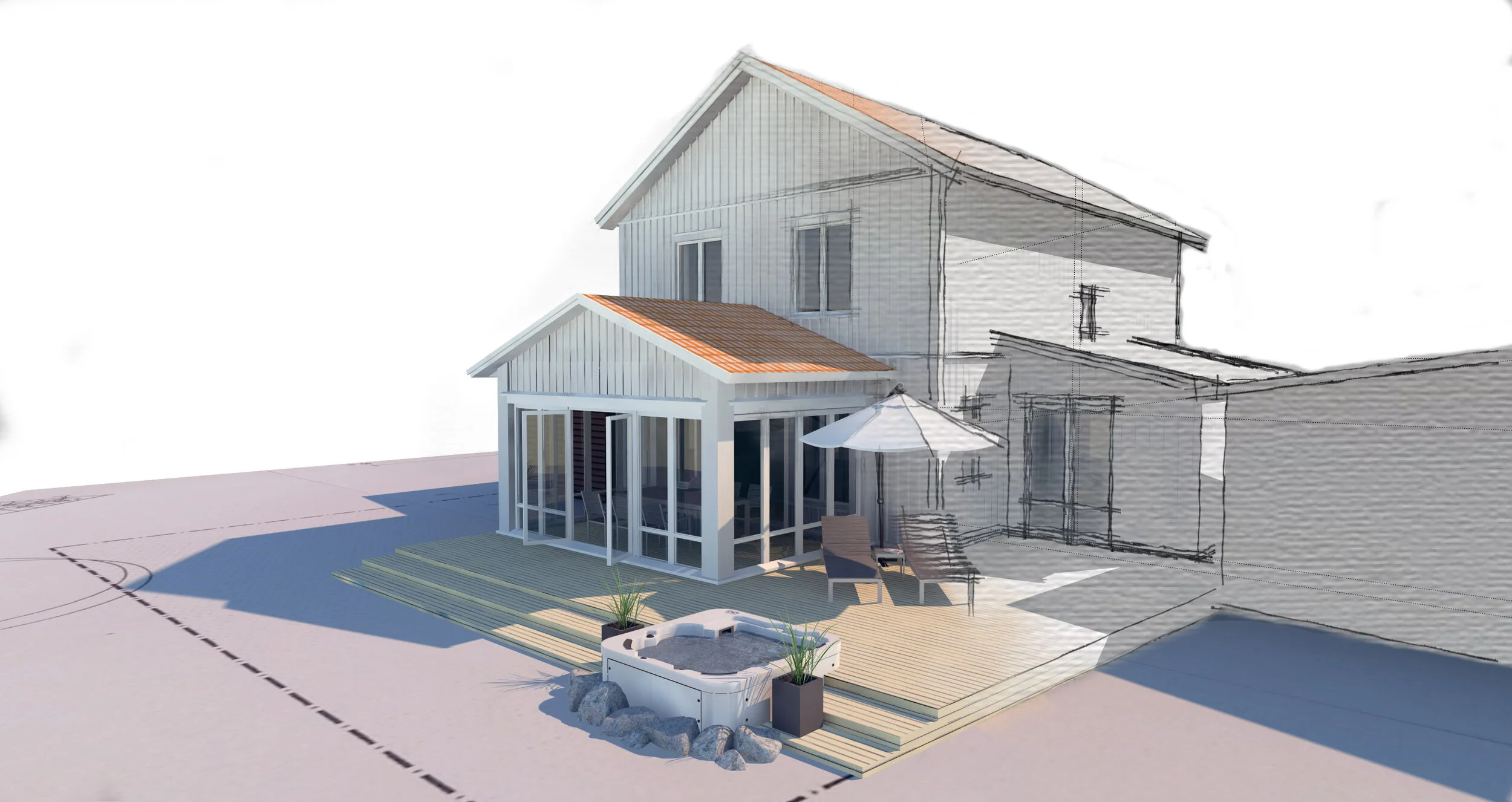 Modell av ett hus med altandäck och ett litet utomhusbadkar, delvis ritat och delvis fotorealistiskt, på en tom tomt.