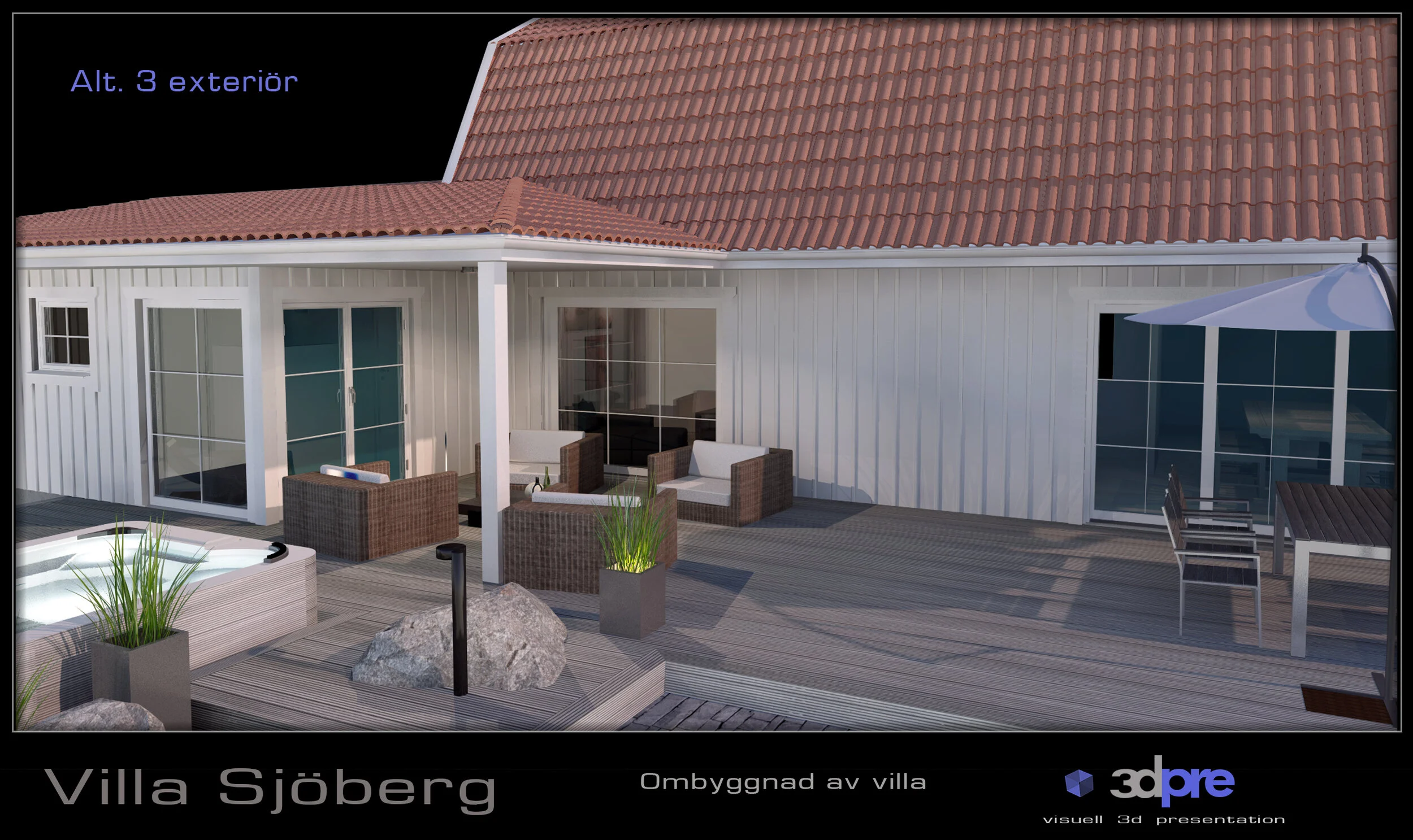 Utsikt över en uteplats på Villa Sjöberg med sittgrupp, parasoll, ett jacuzzi och växter på trall.