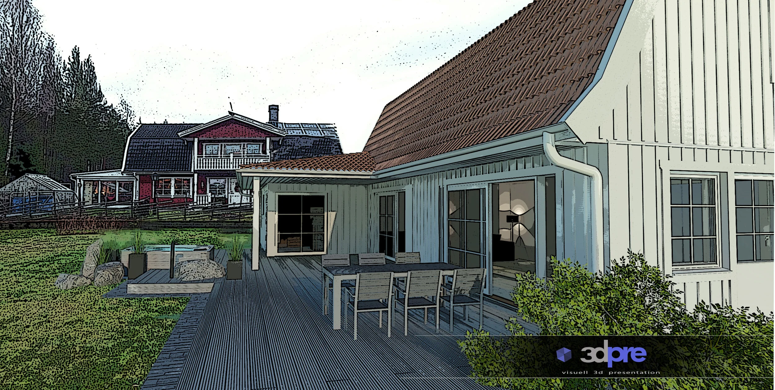 Utedass med bord, stolar och växter framför ett vitt hus med stora fönster, en öppen balkong och en takräcke.