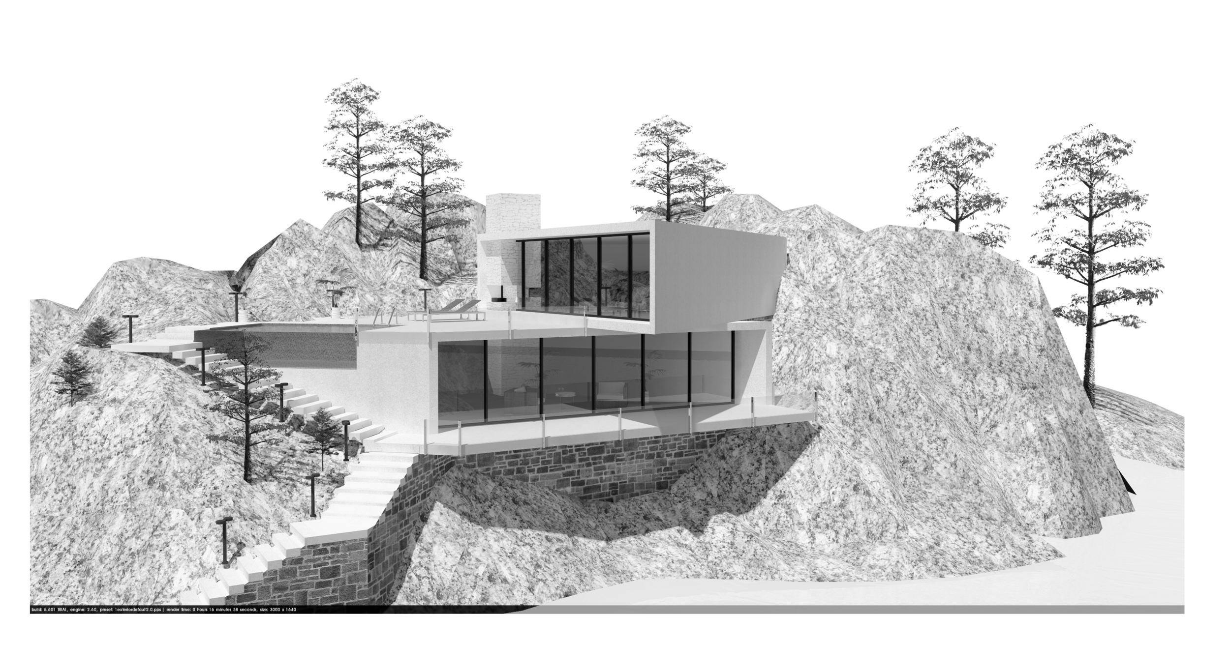 En modern villa på en bergstopp omgiven av träd och stora rocky väggar.