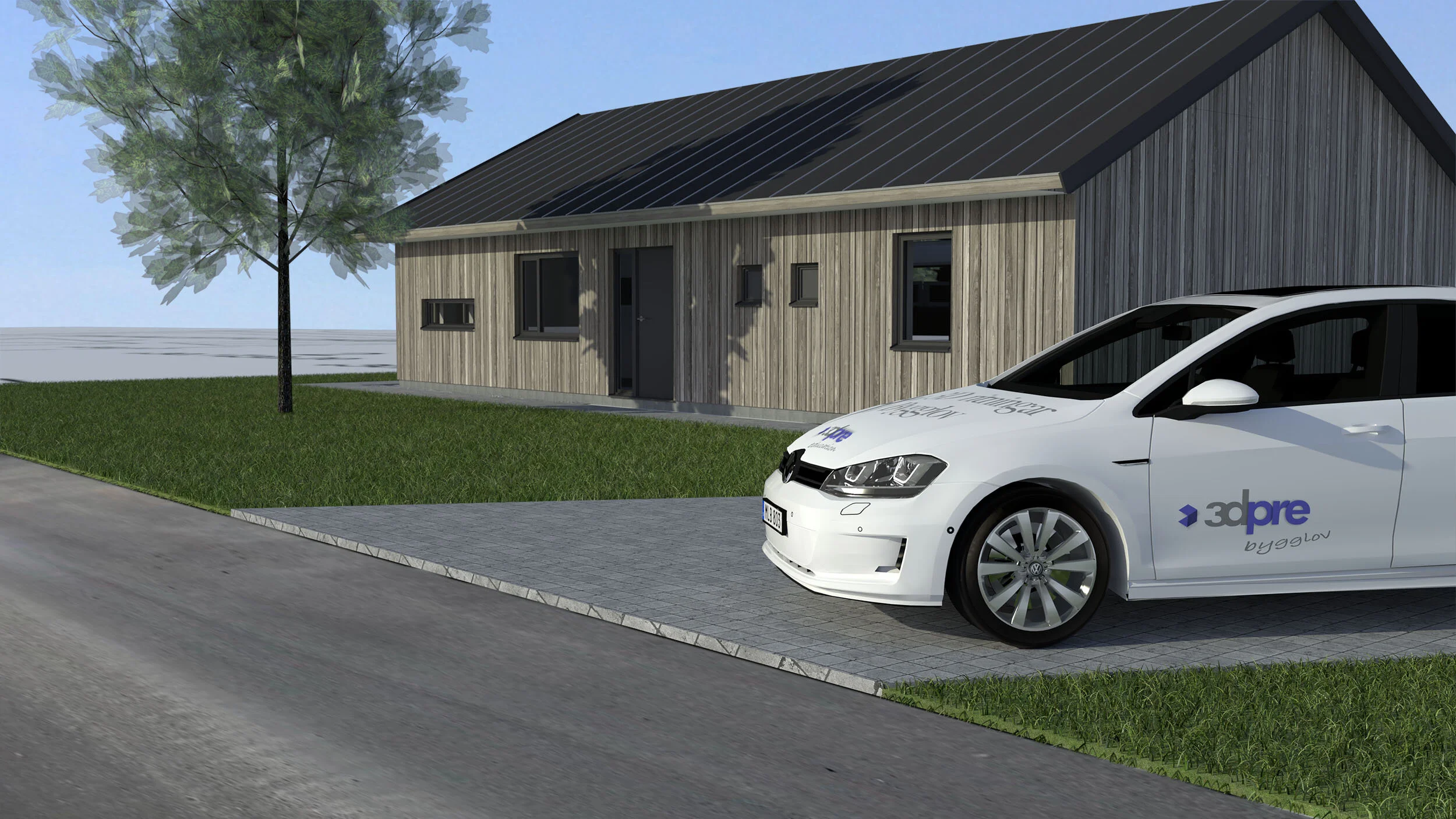 En husliknande byggnad med träpaneler, fyra små fönster och en dörr. En bil parkerad framför byggnaden, med företagslogo och text '3dpre bygg'. En gräsmatta och ett träd finns i omgivningen.