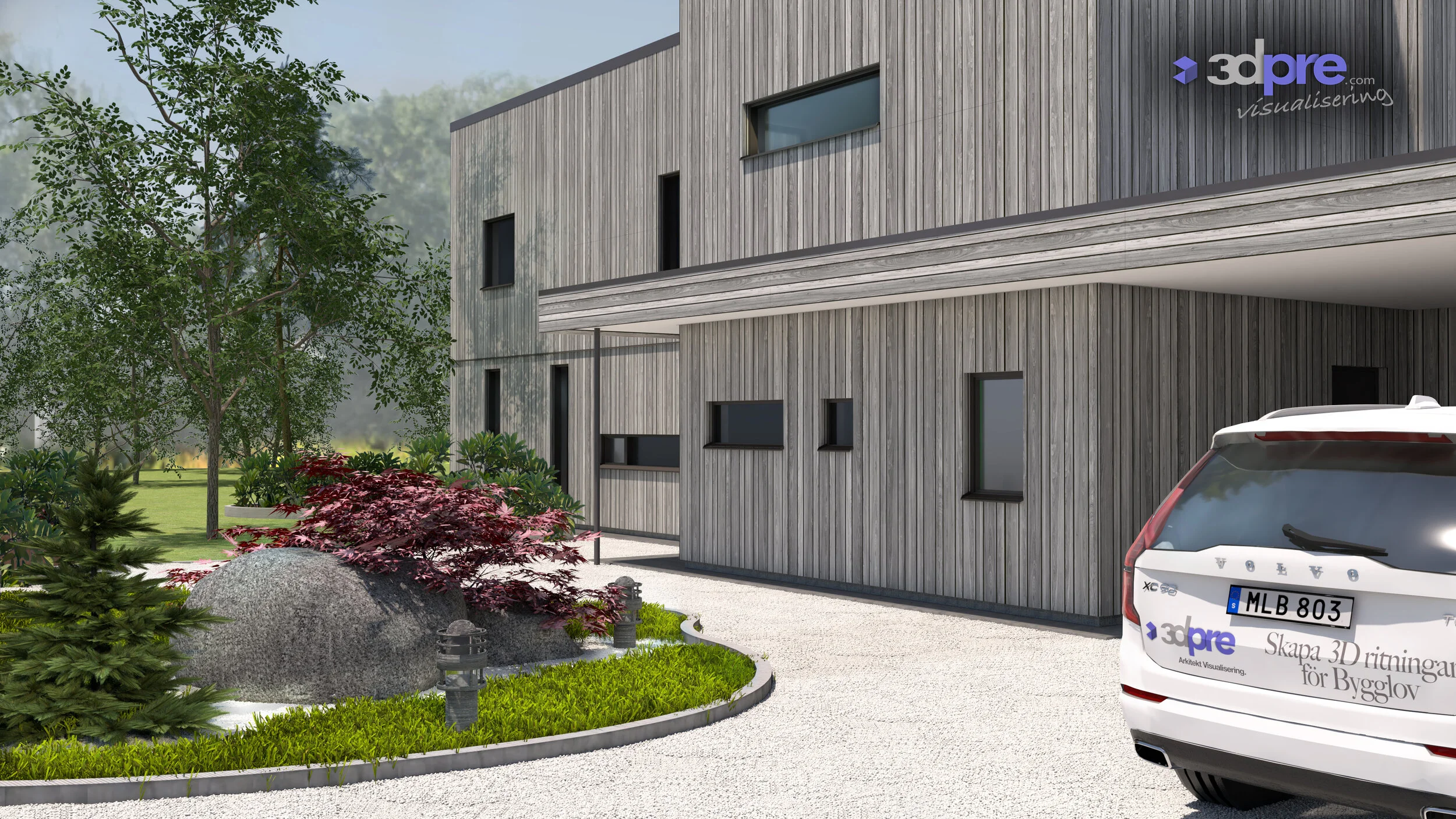 Vy av ett modernt trähus med många småfönster, en bil med reklam för 3dpre och en fin trädgård med stenar, buskar och träd.
