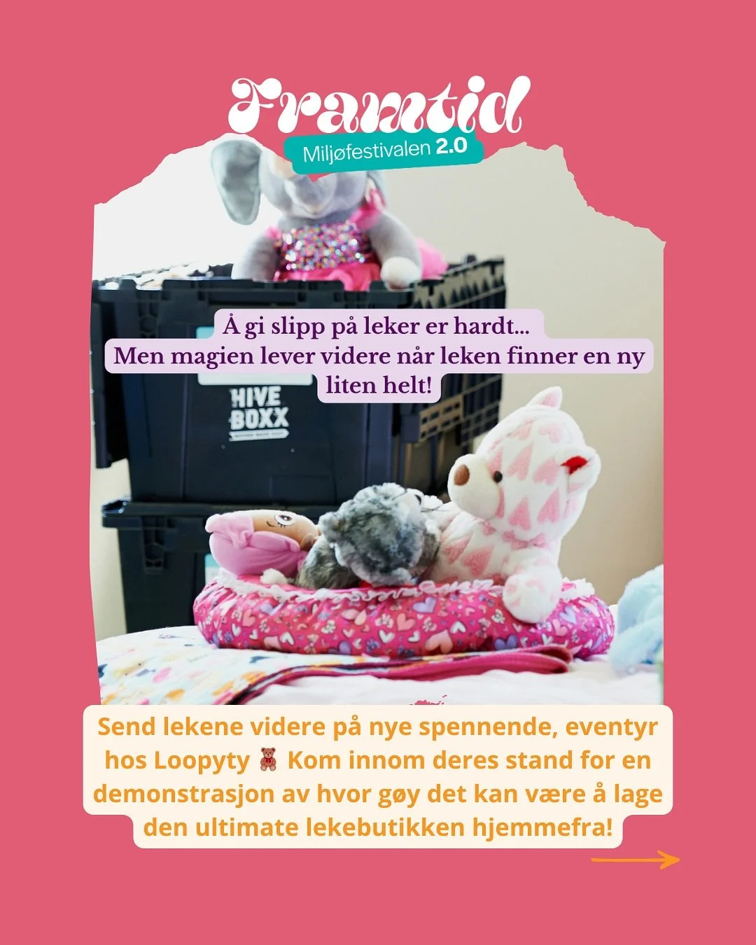Kom innom Loopyty p&aring; Framtid - Milj&oslash;festivalen2.0, for demonstrasjon av et spennende og milj&oslash;vennlig nytt konsept 🪀

Loopyty er din barnevennlige markedsplass for leker med sjel!🧸 Deres misjon er &aring; hjelpe familier &aring; 