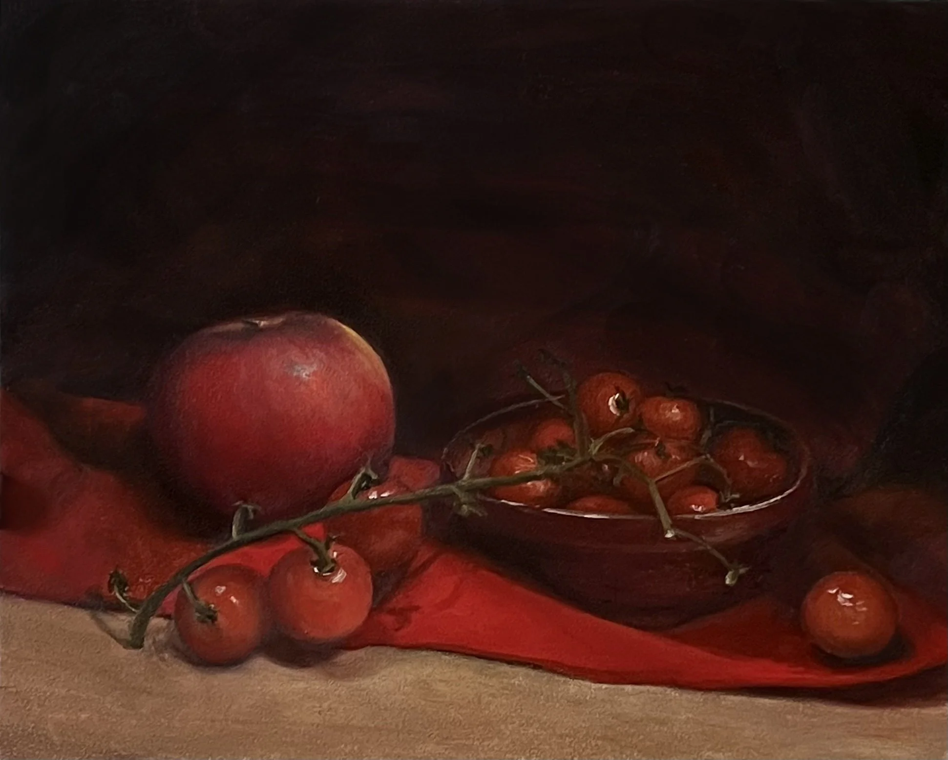 Red on red, oil on panel, 9x12, 2025