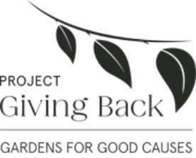 Logo for Project Giving Back featuring three stylised leaves on a branch above the text Gardens for Good Causes