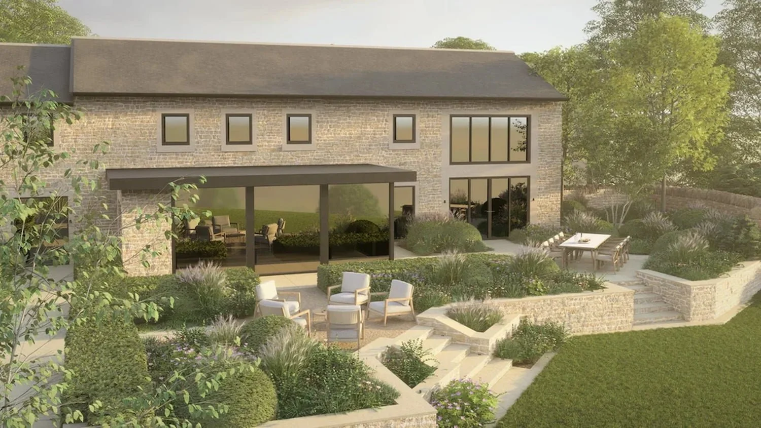 Architectural render of a tiered stone garden with outdoor lounge seating, dining area and lush green plant borders