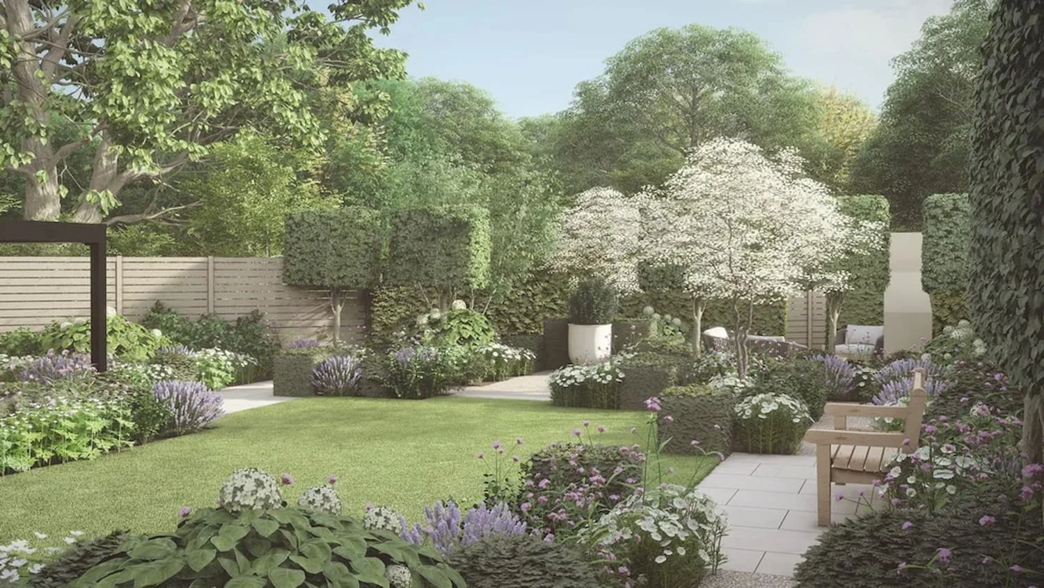 Formal garden design with a central lawn, white blossom trees, wooden bench and structured evergreen hedging