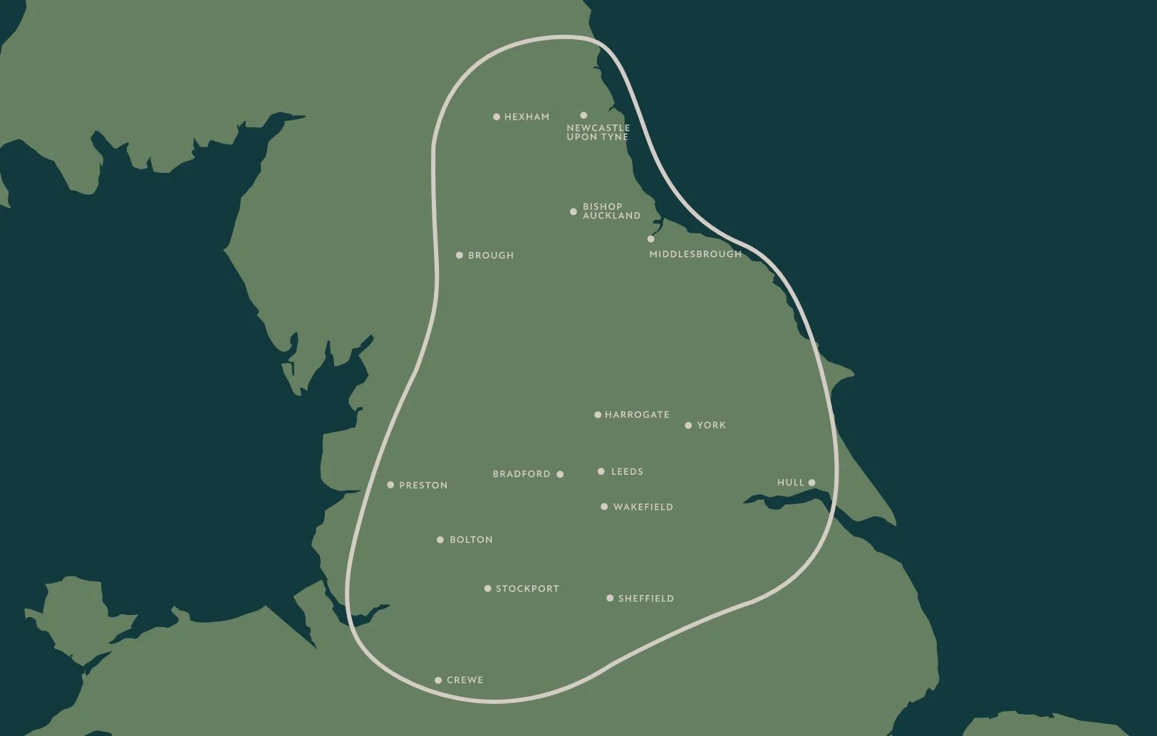A map of Northern England with a white railway line connecting various towns including Hexham, Newcastle upon Tyne, Bishop Auckland, Middlesbrough, Harrogate, York, Hull, Sheffield, Retford, Bolton, Preston, Stockport, Wakefield, Leeds, Bradford, Crewe, and Brough.