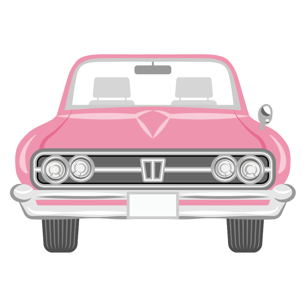 Front view of a pink vintage car with a white grille and round headlights
