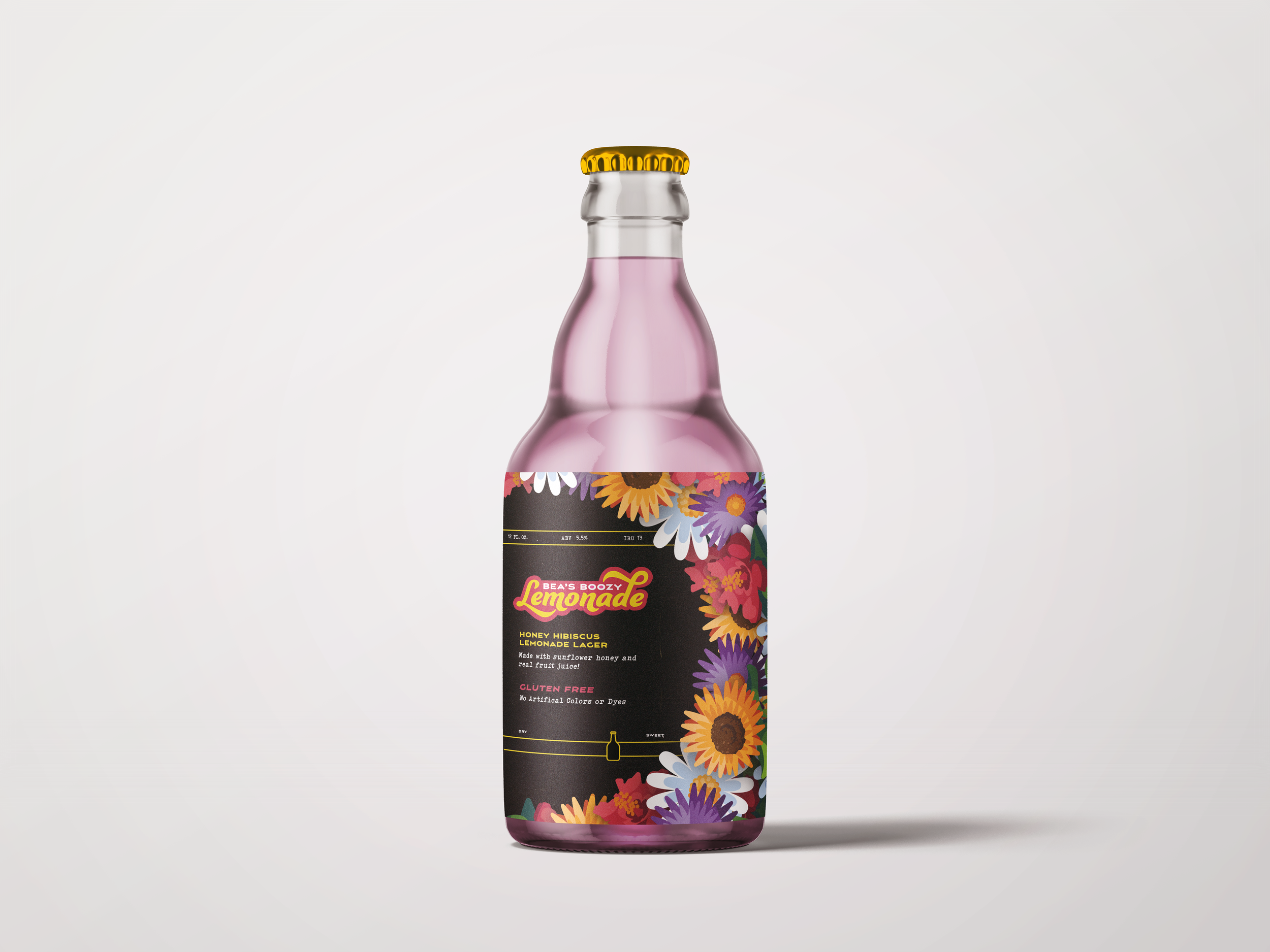 A beer bottle mockup showing a floral rebrand of Bea's Squeeze Lemonade
