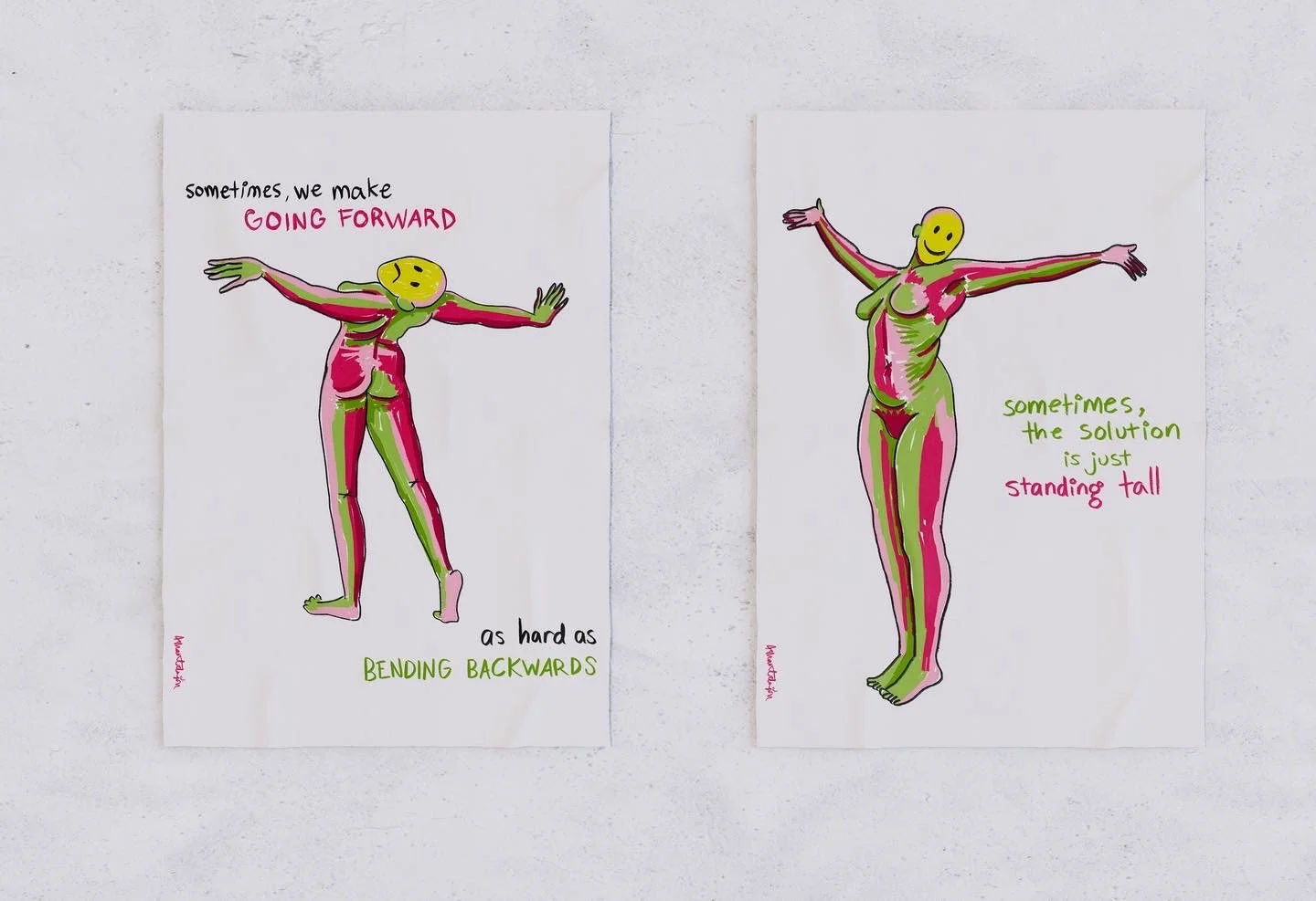 Seedling bends backwards: "Sometimes, we make going forward as hard as bending backwards."

Seedling stands tall: "Sometimes, the solution is just standing tall."