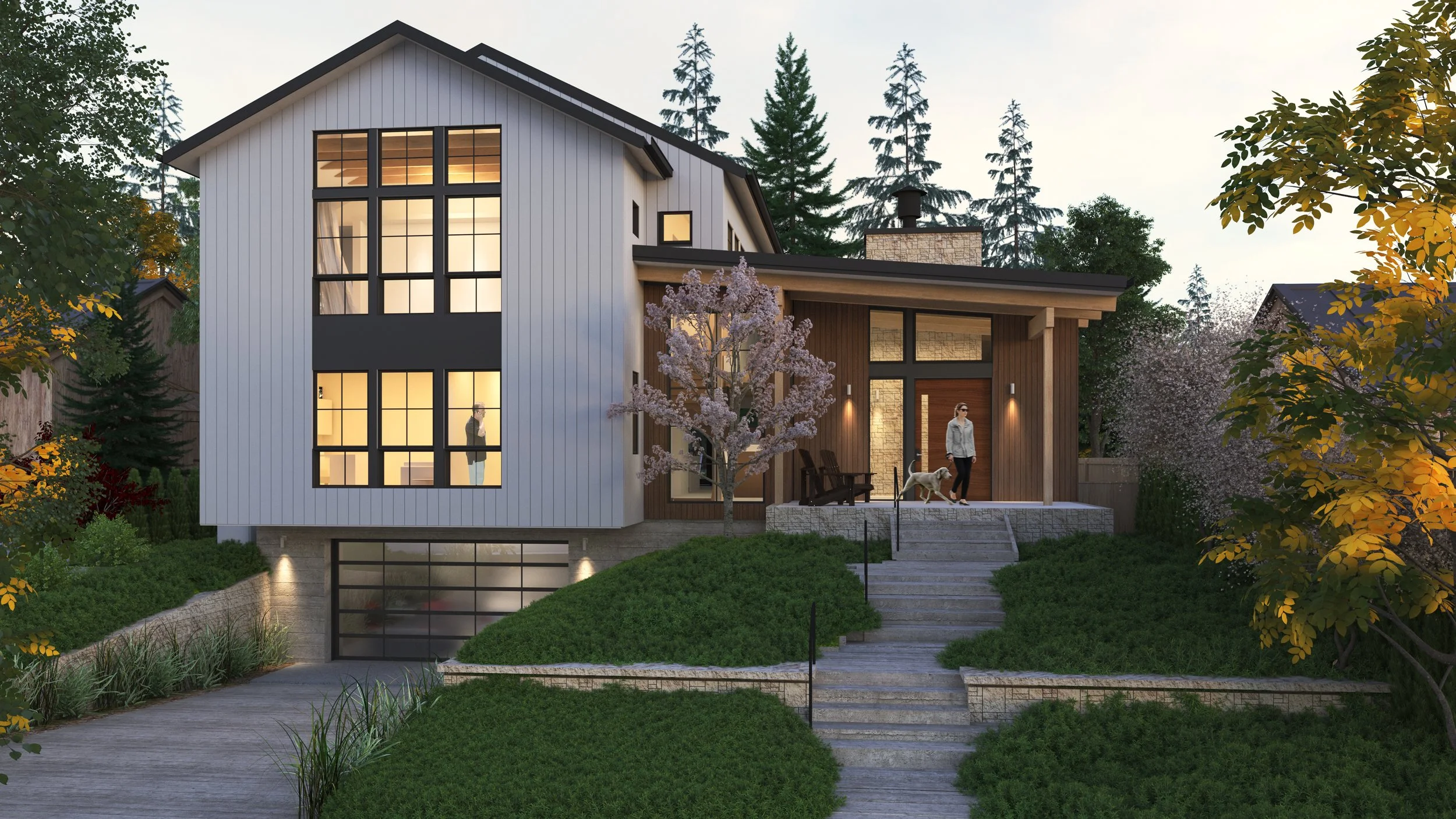Architectural rendering, Sandpoint custom home exterior street elevation, Seattle WA — Spotswood Architecture + Design