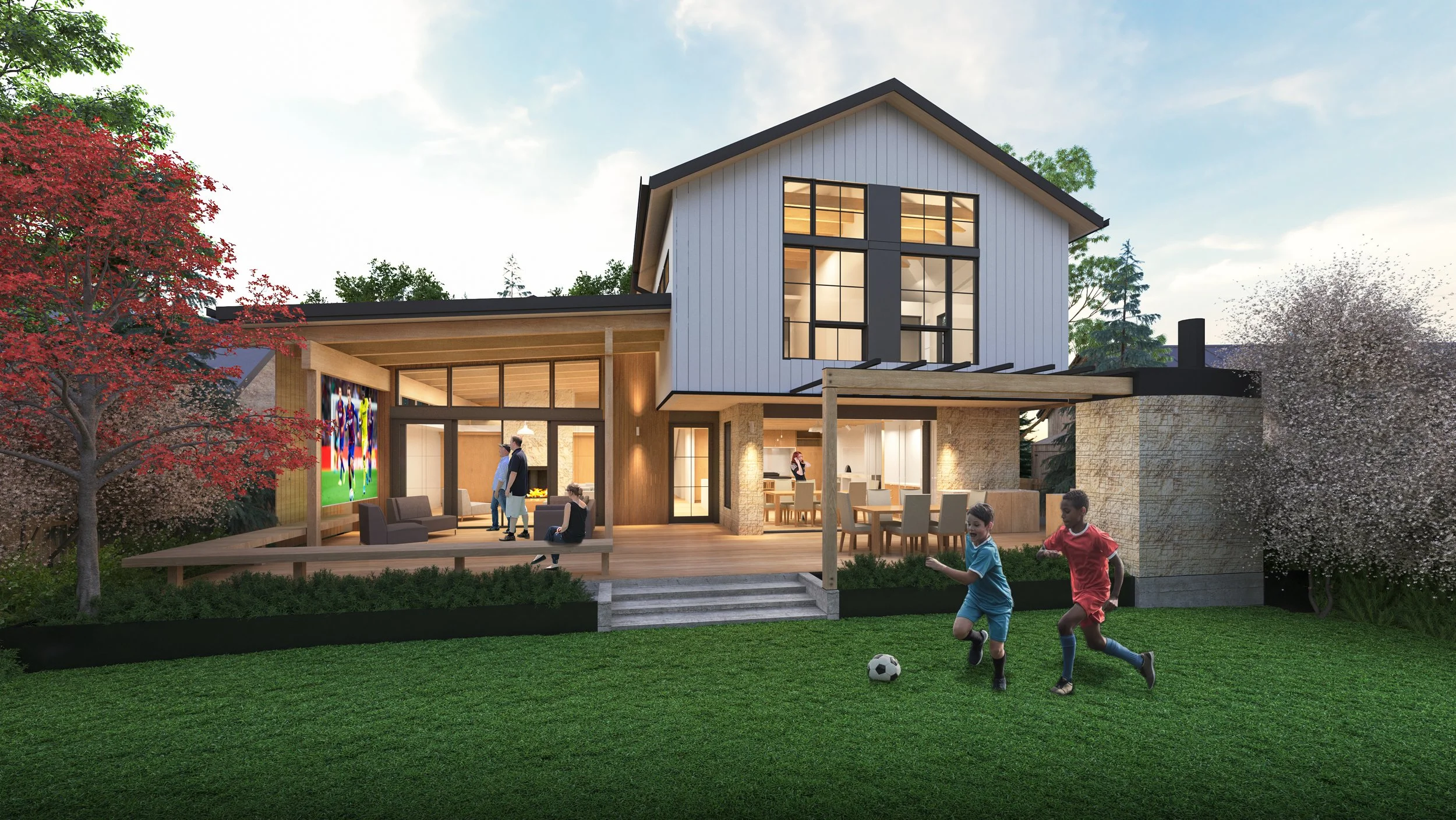 Architectural rendering, Sandpoint custom home exterior approach, Seattle WA — Spotswood Architecture + Design