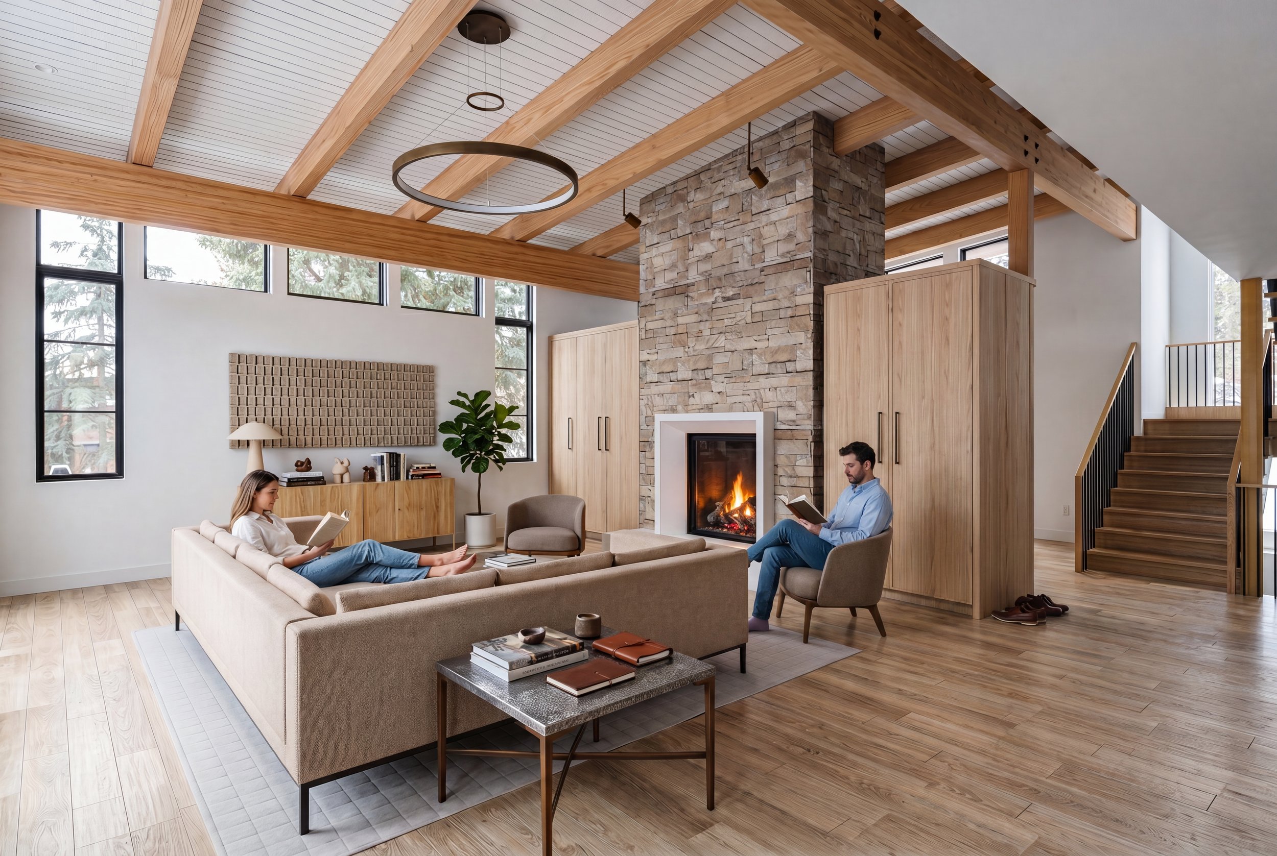 Architectural rendering, Sandpoint custom home living room interior, Seattle WA — Spotswood Architecture + Design