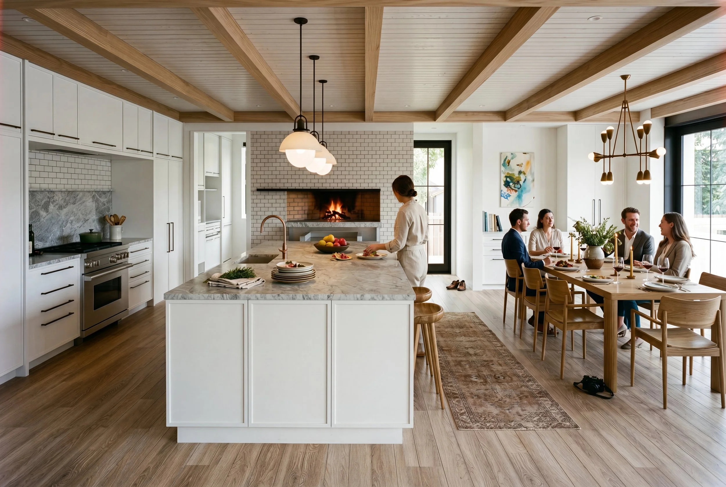 Architectural rendering, Sandpoint custom home kitchen interior, Seattle WA — Spotswood Architecture + Design