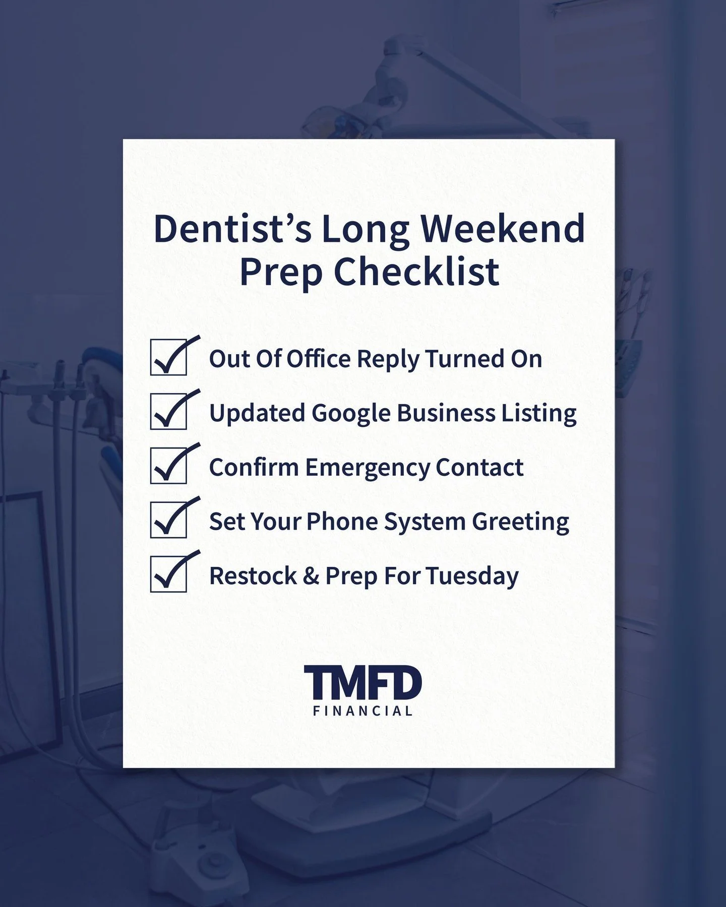 Before you switch into long weekend mode, make sure your practice is ready to do the same.

A few small updates now can save you from patient confusion, missed calls, and Tuesday morning chaos.

🔗 www.tmfd.ca
📞 844-311-8633
✉️ info@tmfd.ca
📍 Missi