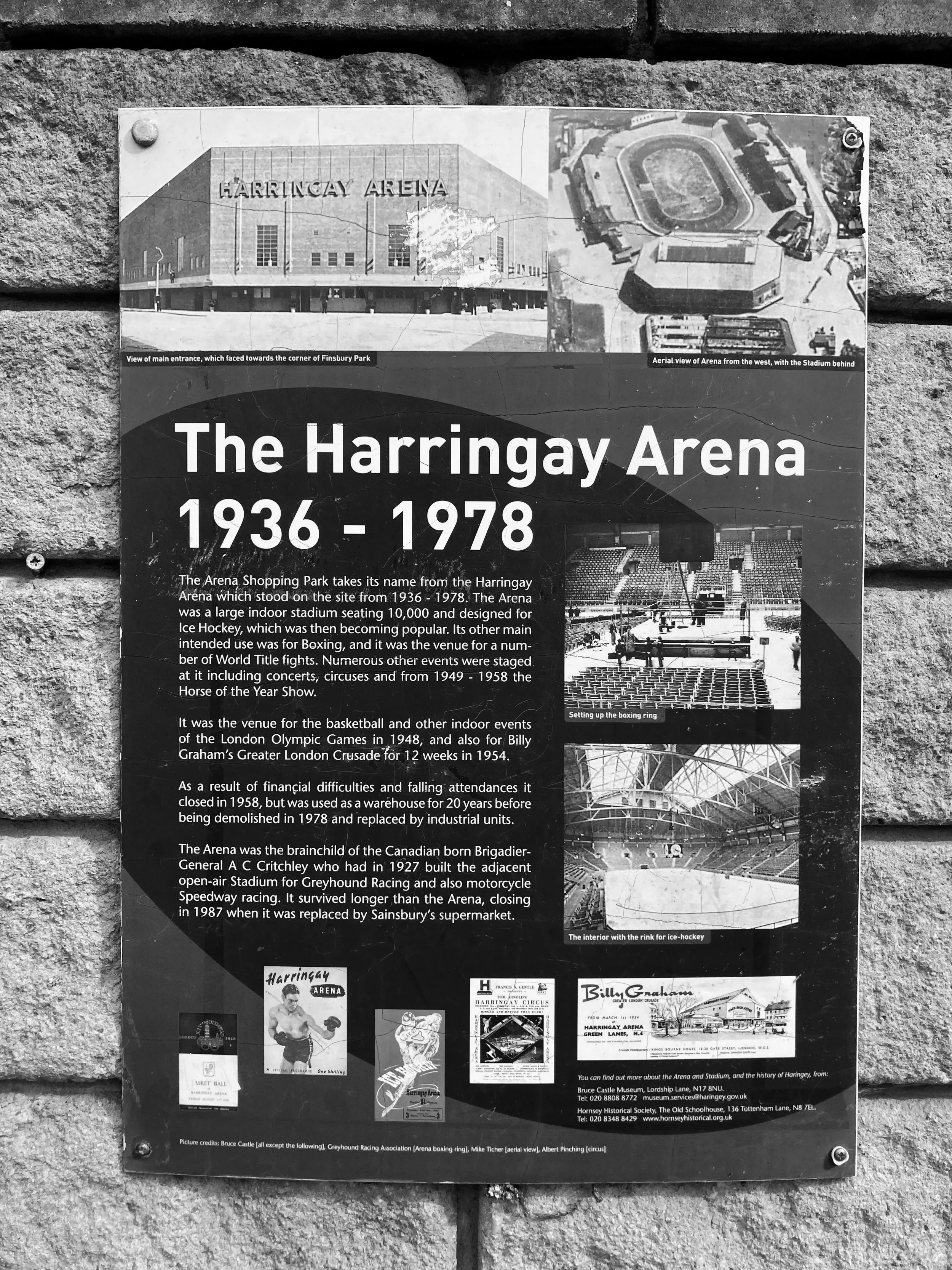 Historical poster detailing the history of Harringay Arena (1936–1978)