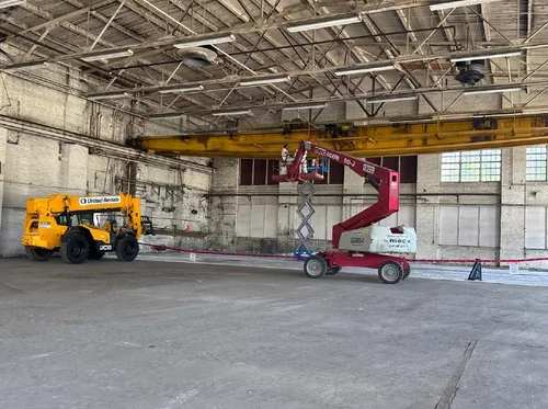 The crane inside the Foundry Building is dismantled.